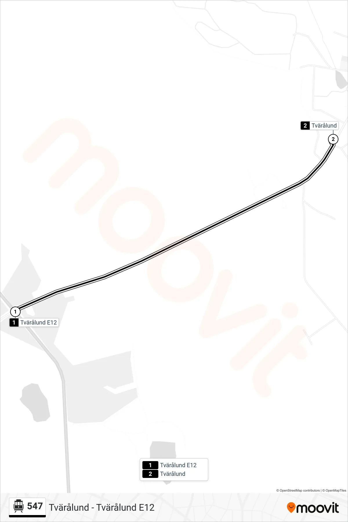 Rutt och hållplatser på karta för linje 547 spårvagn, (Tvärålund)