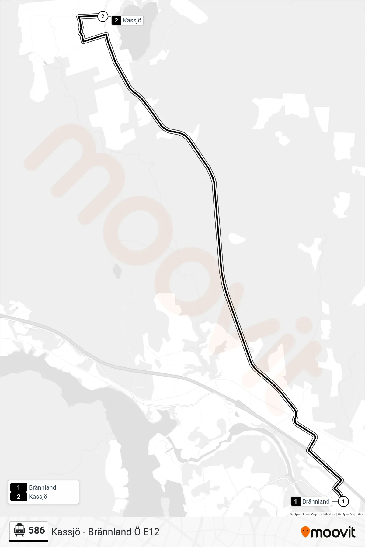 Rutt och hållplatser på karta för linje 586  spårvagn, (Kassjö)