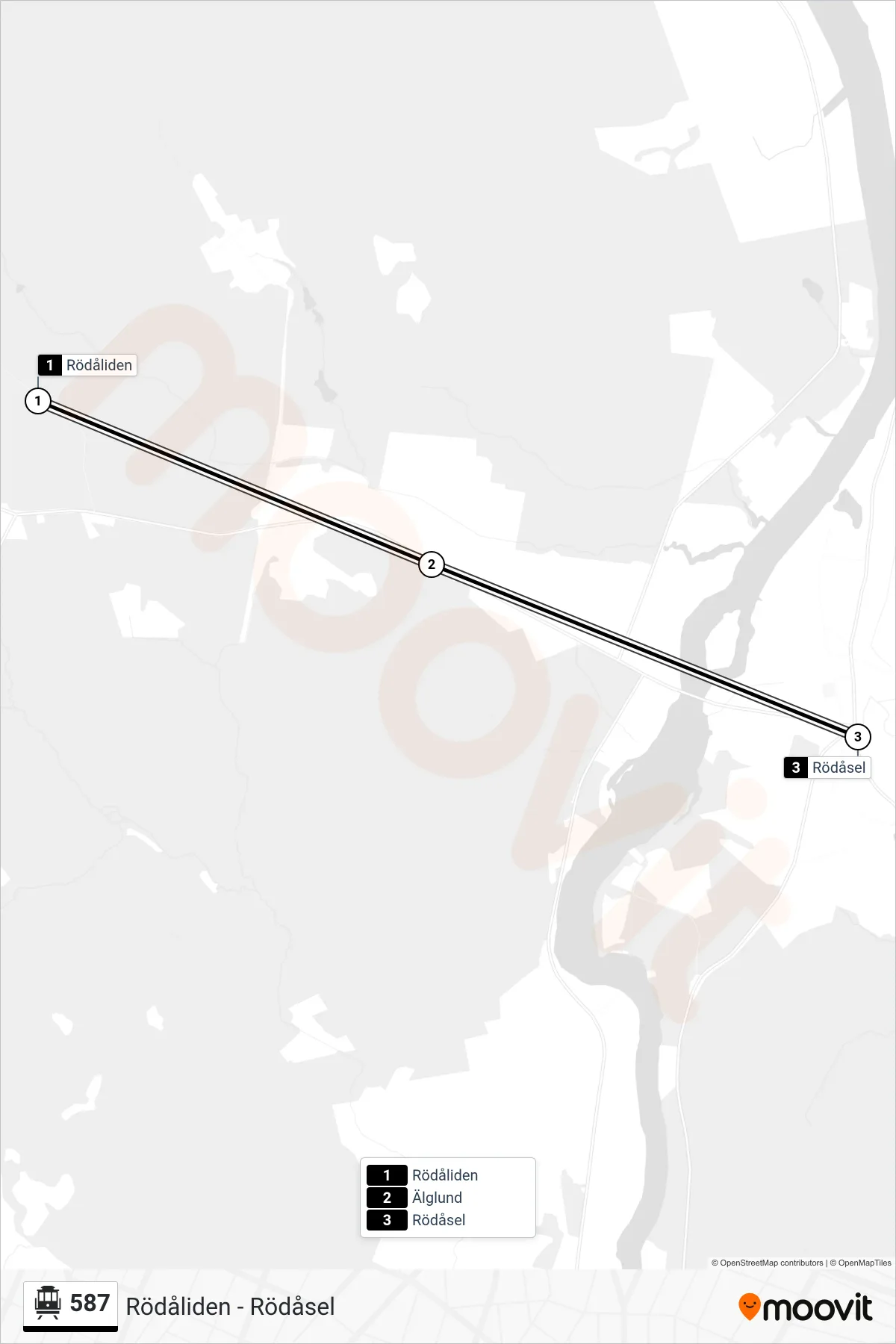 Rutt och hållplatser på karta för linje 587  spårvagn, (Rödåsel)
