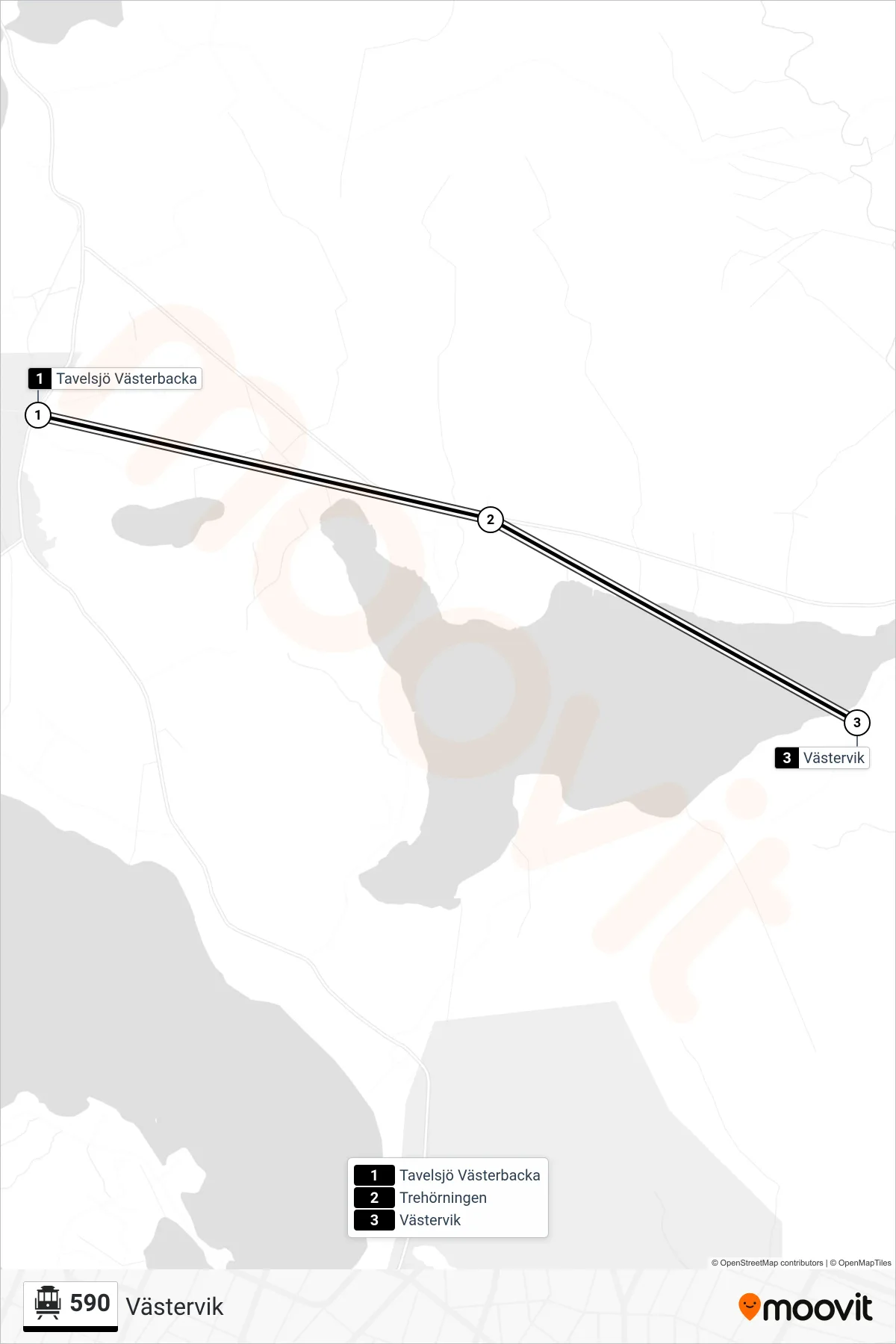 Rutt och hållplatser på karta för linje 590 spårvagn, (Västervik)
