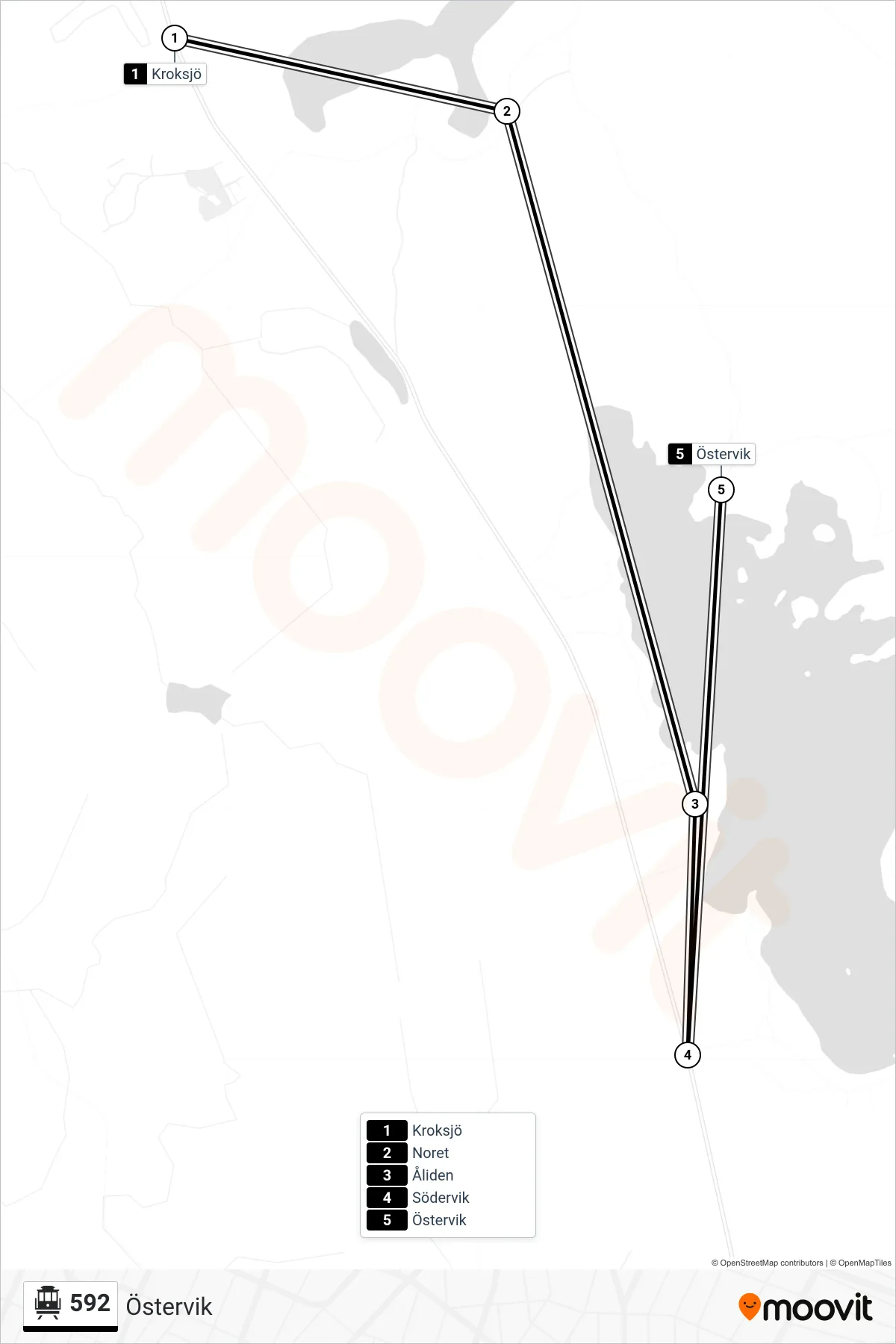 Rutt och hållplatser på karta för linje 592 spårvagn, (Östervik)
