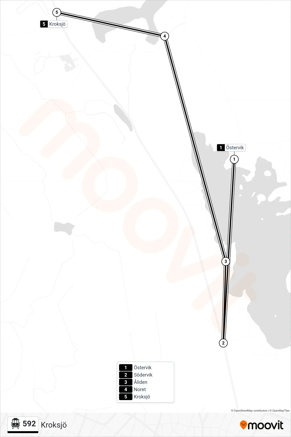 Rutt och hållplatser på karta för linje 592 spårvagn, (Kroksjö)