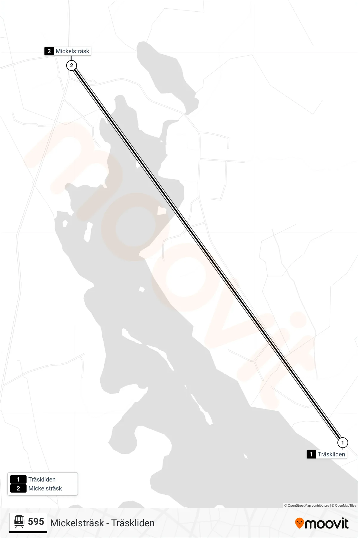 Rutt och hållplatser på karta för linje 595  spårvagn, (Mickelsträsk)