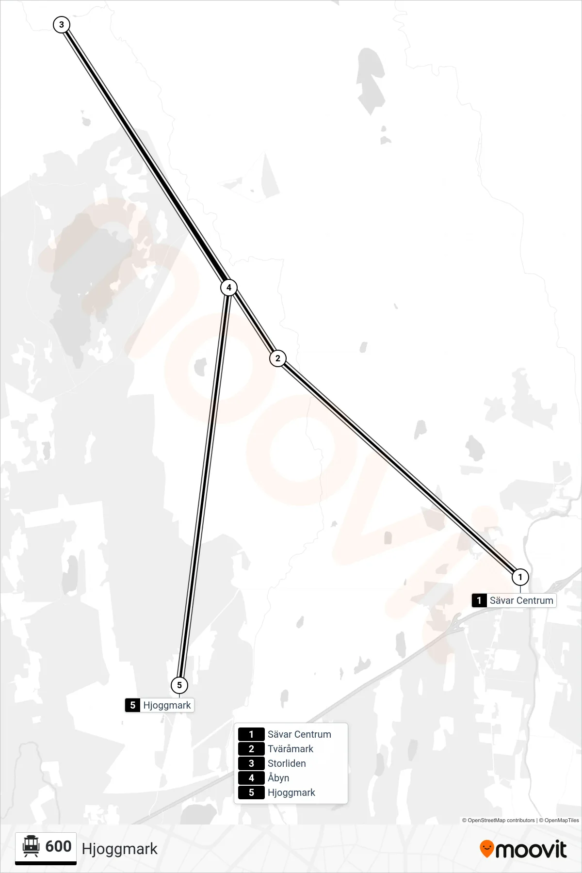 Rutt och hållplatser på karta för linje 600  spårvagn, (Hjoggmark)