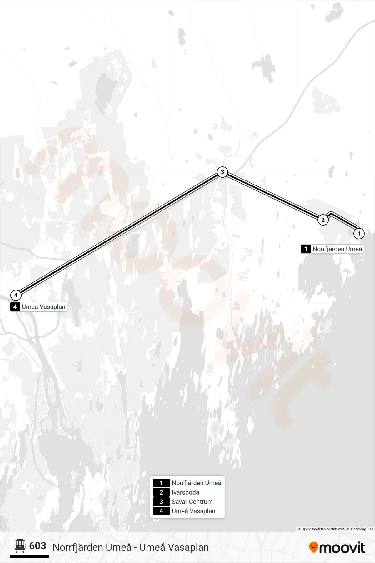 Rutt och hållplatser på karta för linje 603  spårvagn, (Umeå Vasaplan)