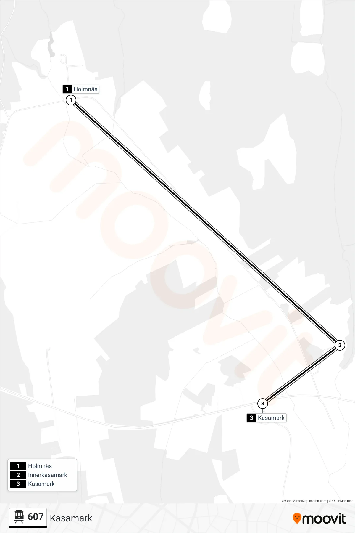 Rutt och hållplatser på karta för linje 607 spårvagn, (Kasamark)