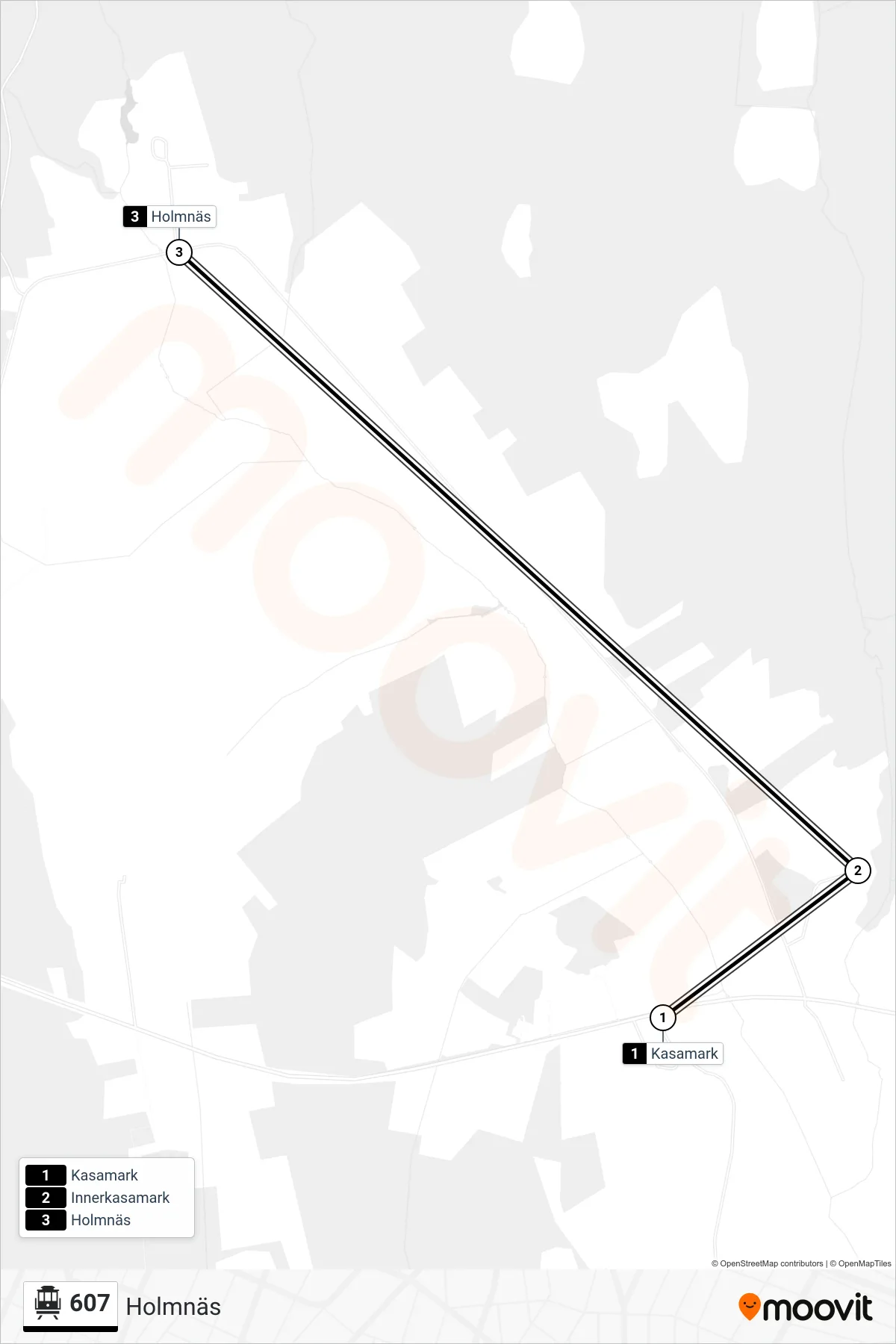 Rutt och hållplatser på karta för linje 607 spårvagn, (Holmnäs)