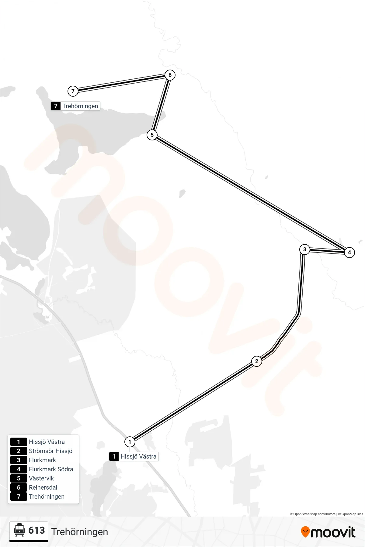 Rutt och hållplatser på karta för linje 613  spårvagn, (Trehörningen)