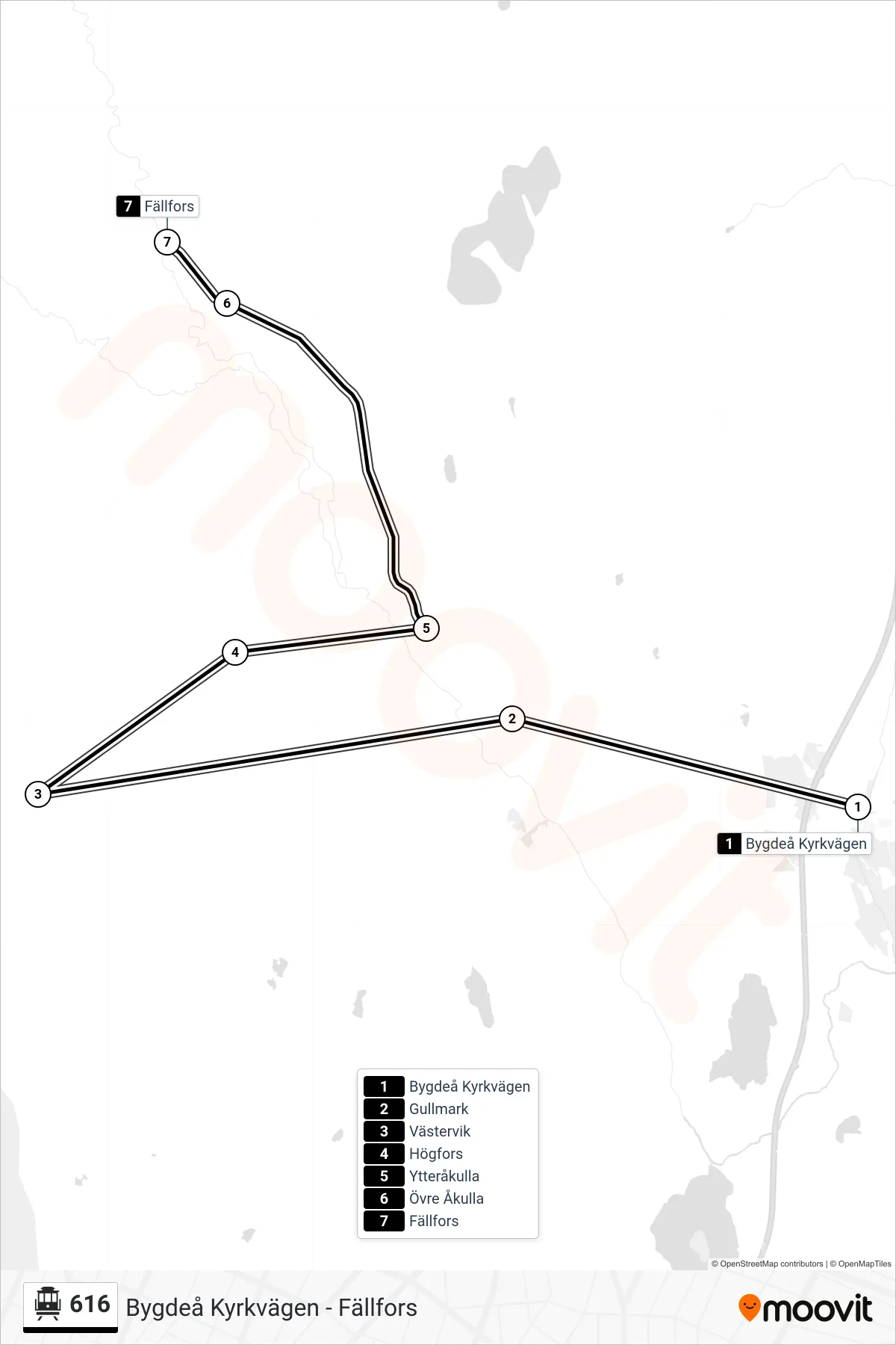 Rutt och hållplatser på karta för linje 616  spårvagn, (Fällfors)