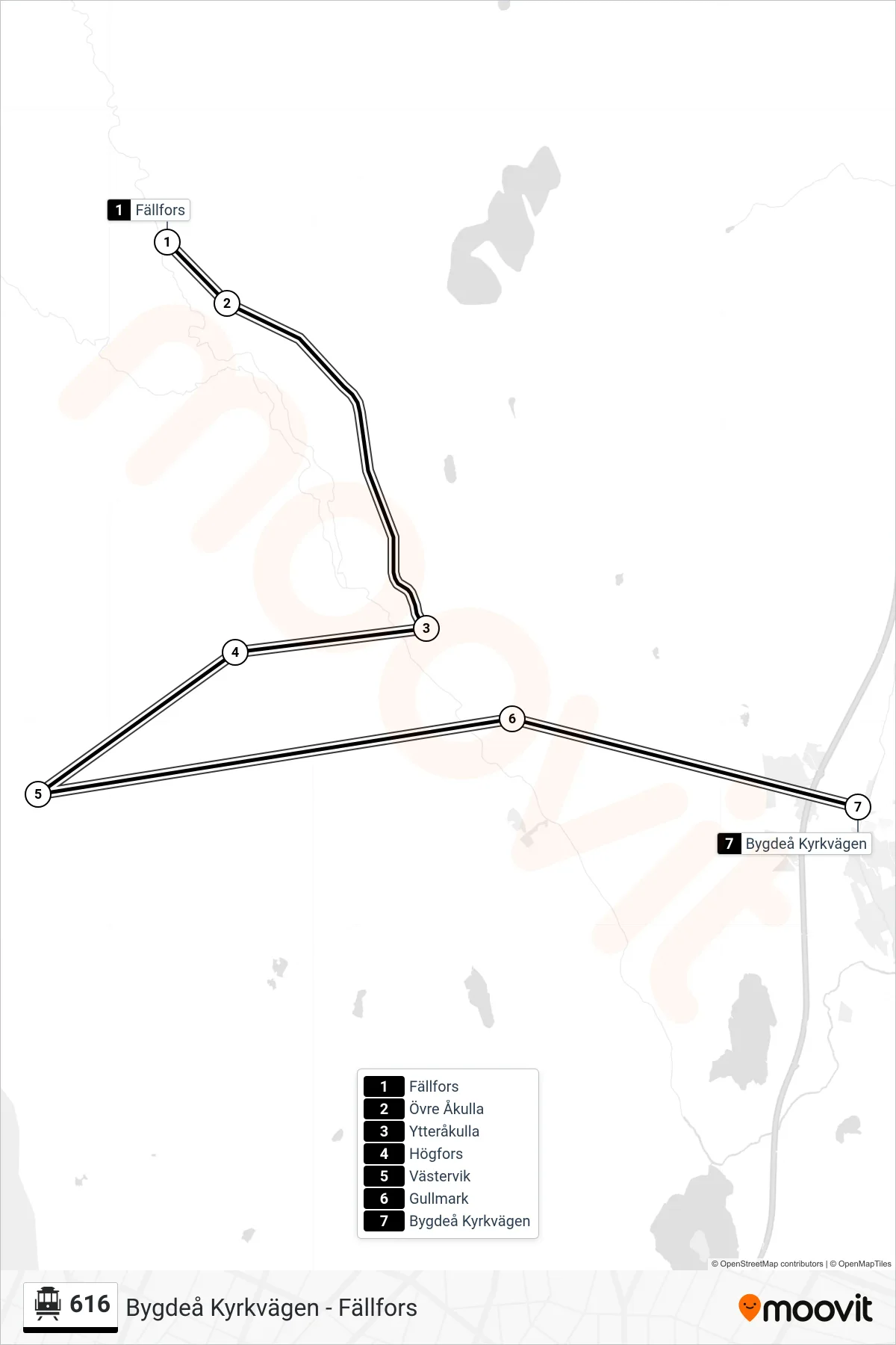 Rutt och hållplatser på karta för linje 616 spårvagn, (Bygdeå Kyrkvägen)