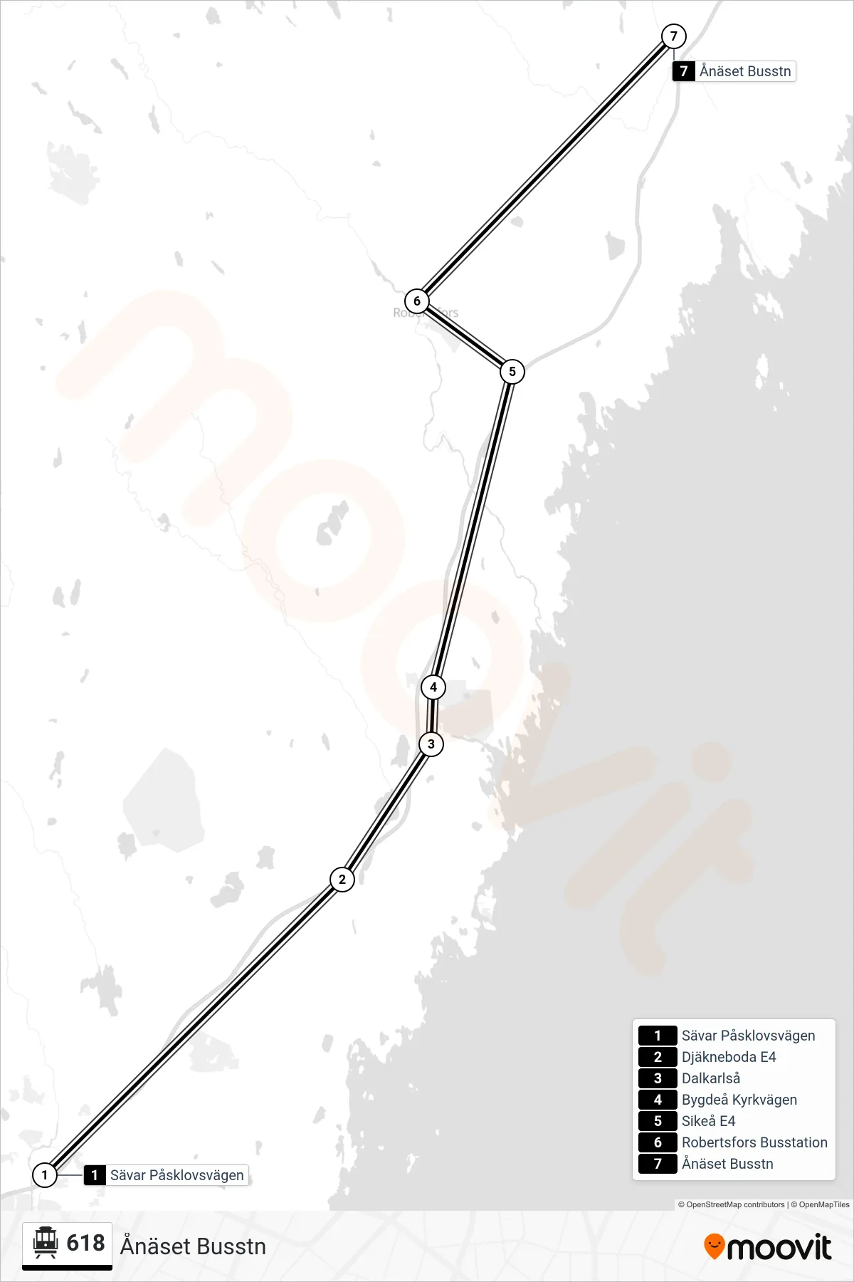 Rutt och hållplatser på karta för linje 618  spårvagn, (Ånäset Busstn)