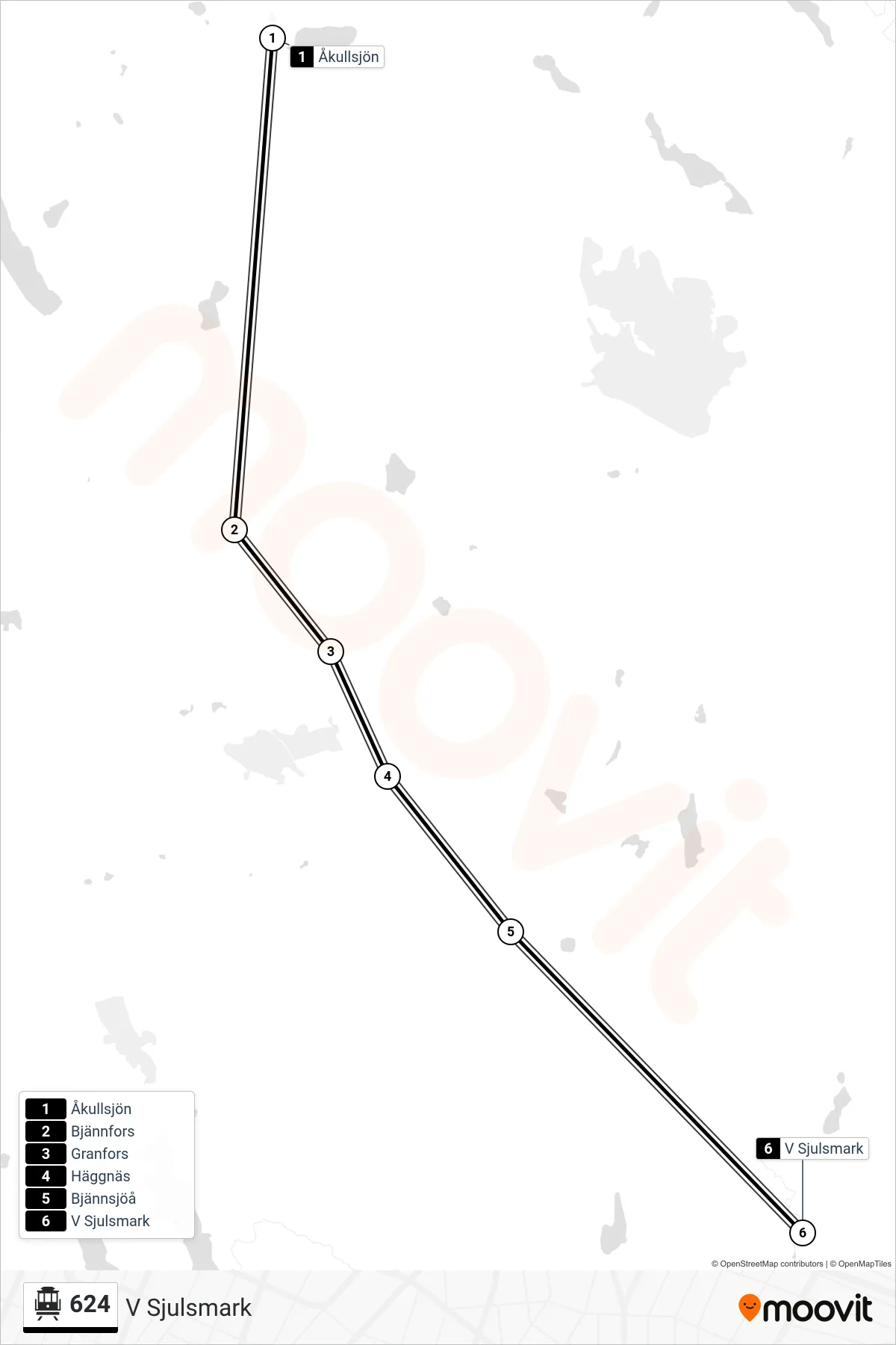 Rutt och hållplatser på karta för linje 624 spårvagn, (V Sjulsmark)