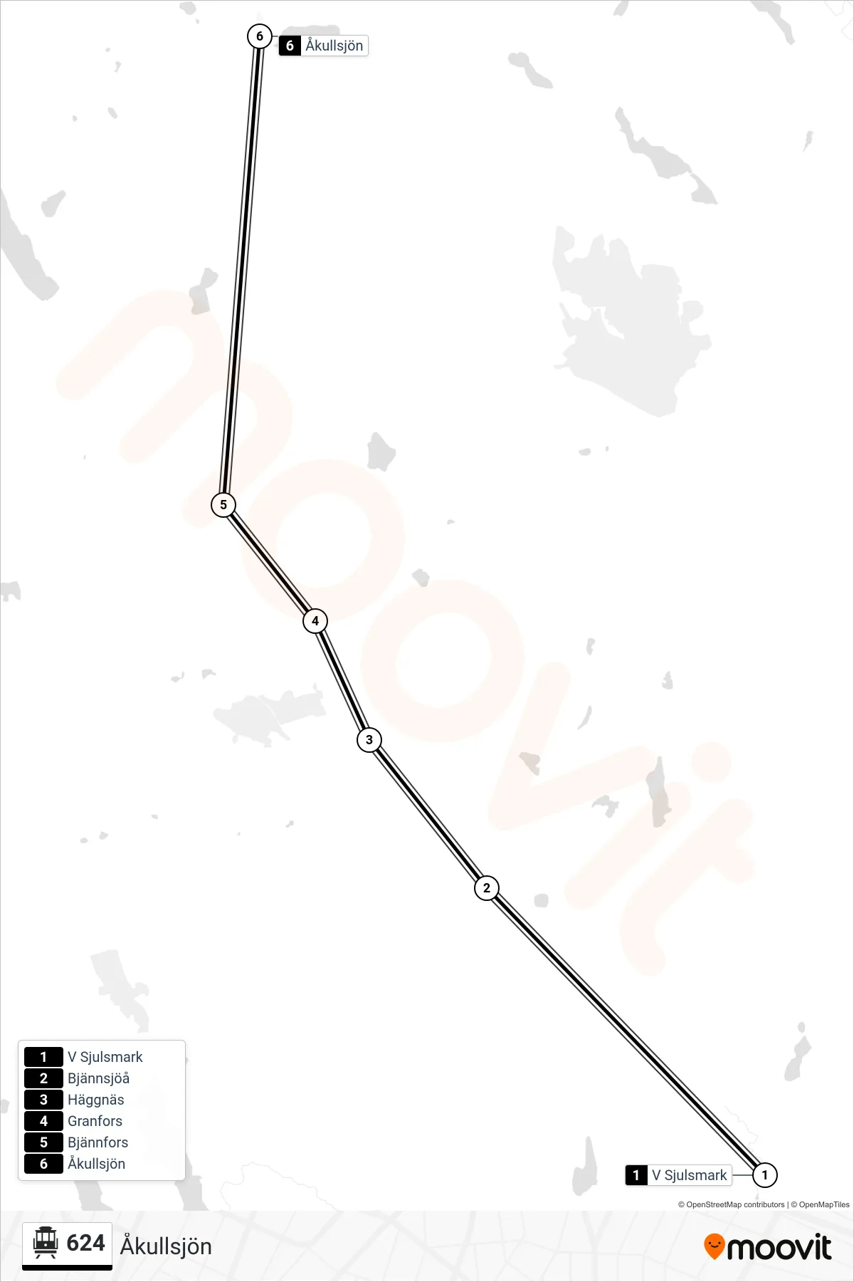 Rutt och hållplatser på karta för linje 624 spårvagn, (Åkullsjön)