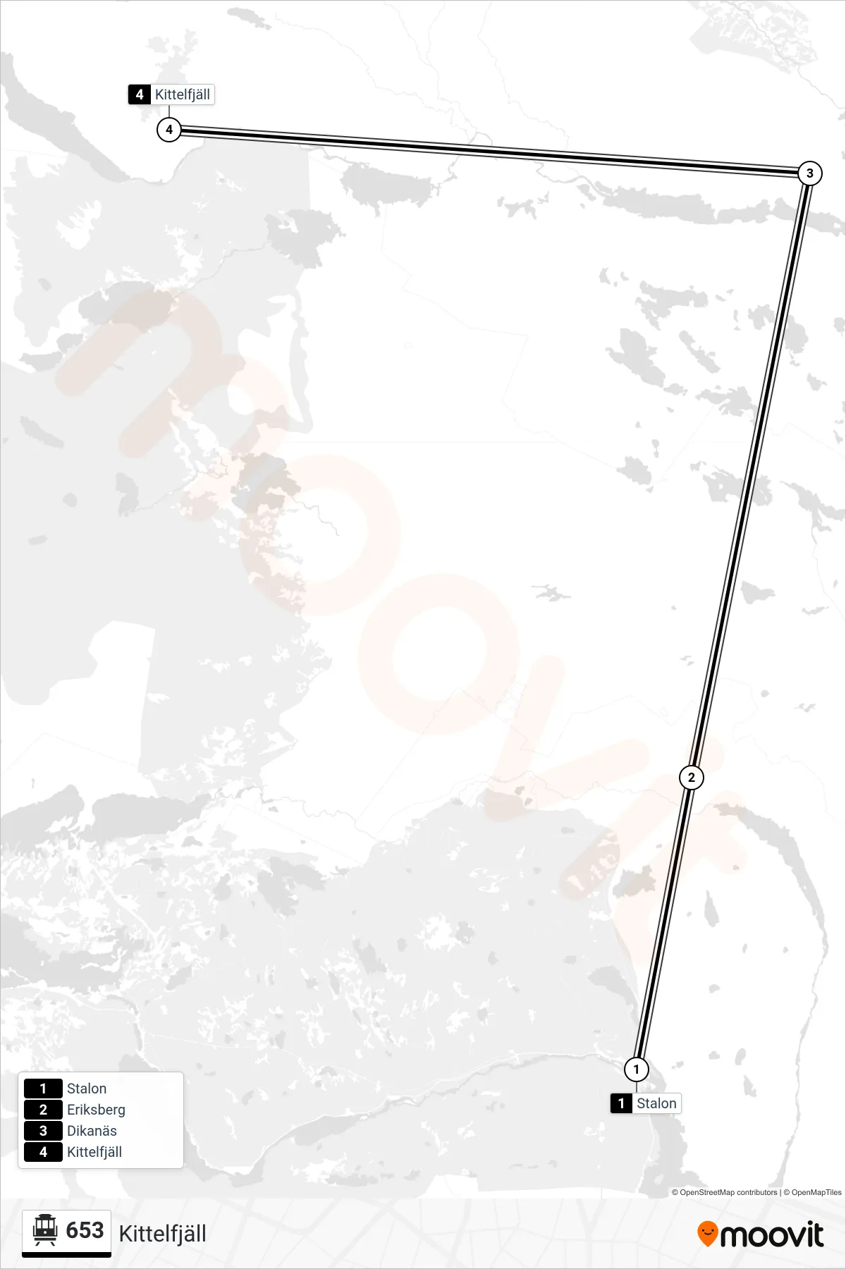 Rutt och hållplatser på karta för linje 653  spårvagn, (Kittelfjäll)