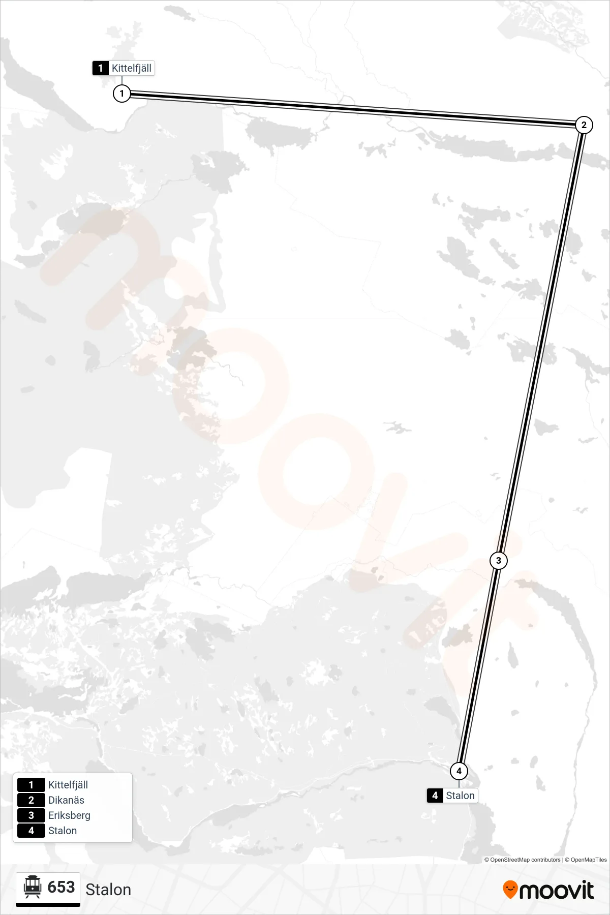 Rutt och hållplatser på karta för linje 653 spårvagn, (Stalon)