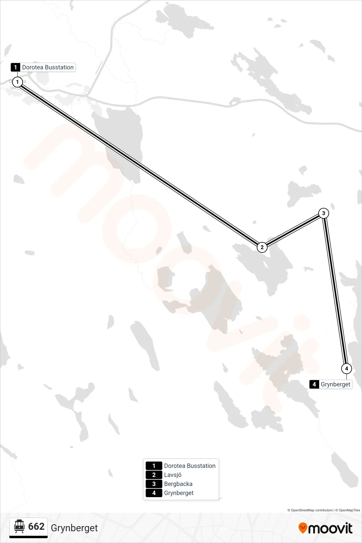Rutt och hållplatser på karta för linje 662 spårvagn, (Grynberget)