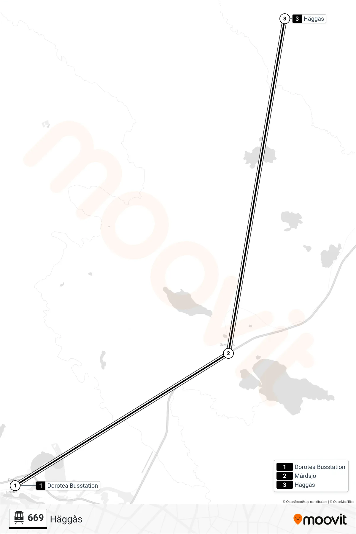 Rutt och hållplatser på karta för linje 669 spårvagn, (Häggås)