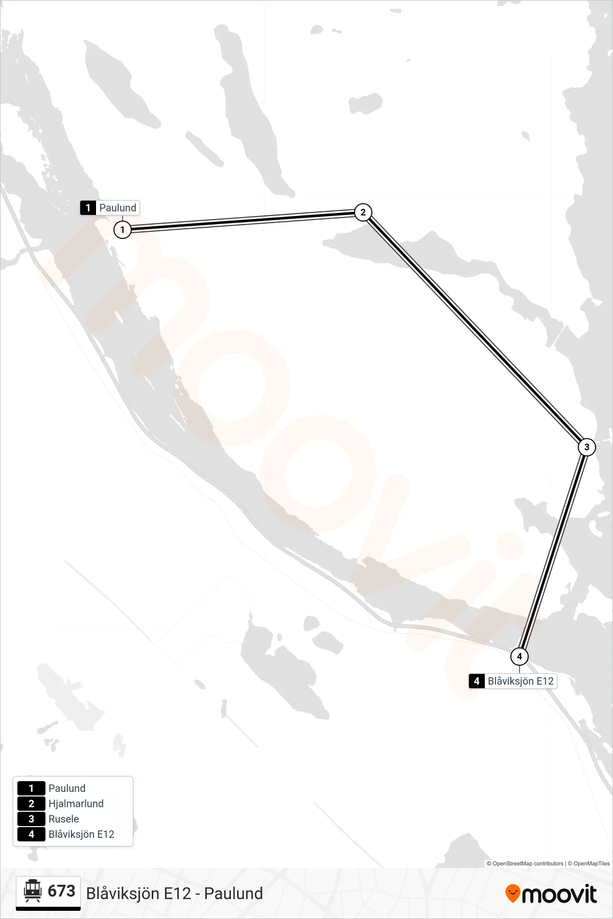 Rutt och hållplatser på karta för linje 673  spårvagn, (Blåviksjön E12)