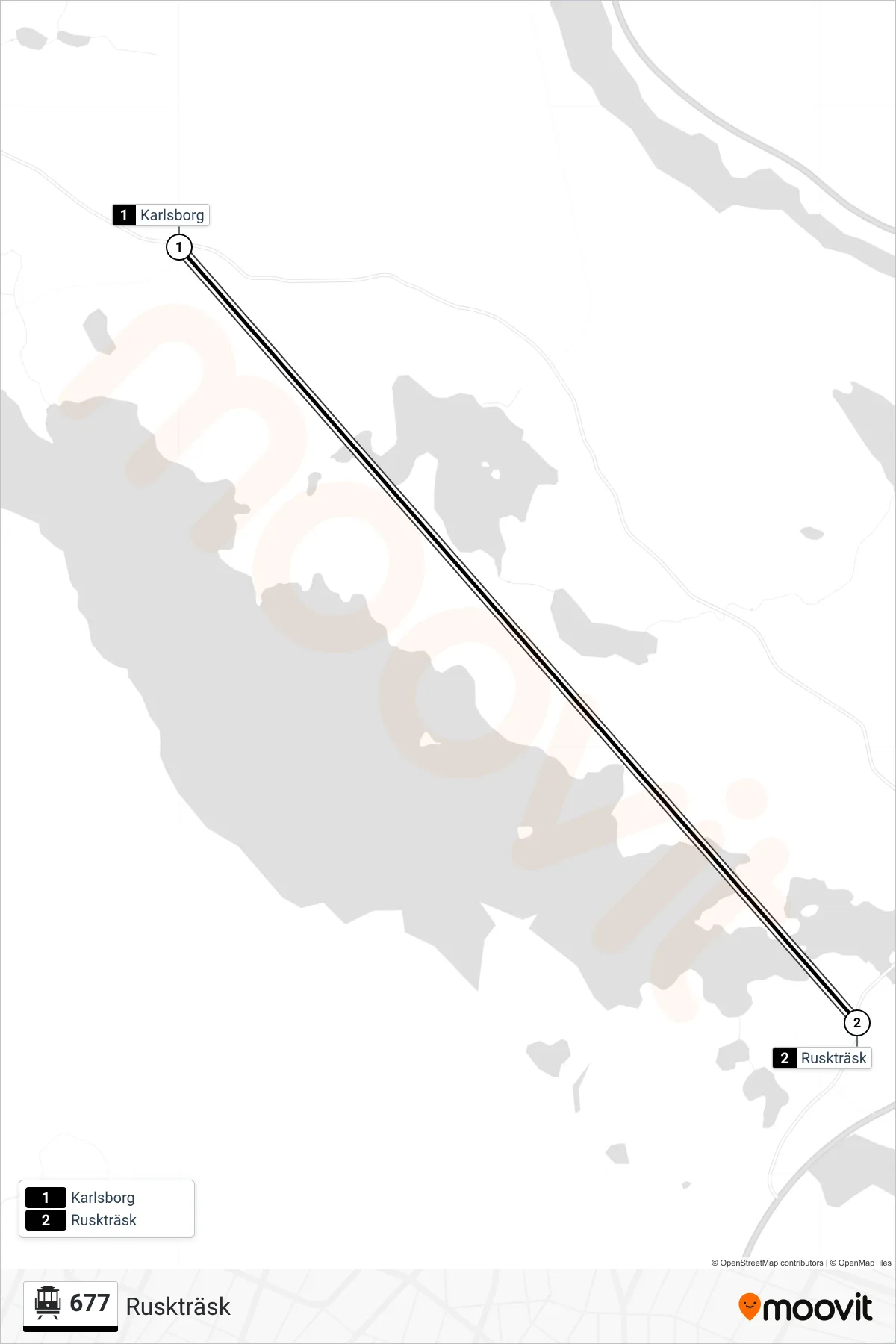 Rutt och hållplatser på karta för linje 677 spårvagn, (Ruskträsk)