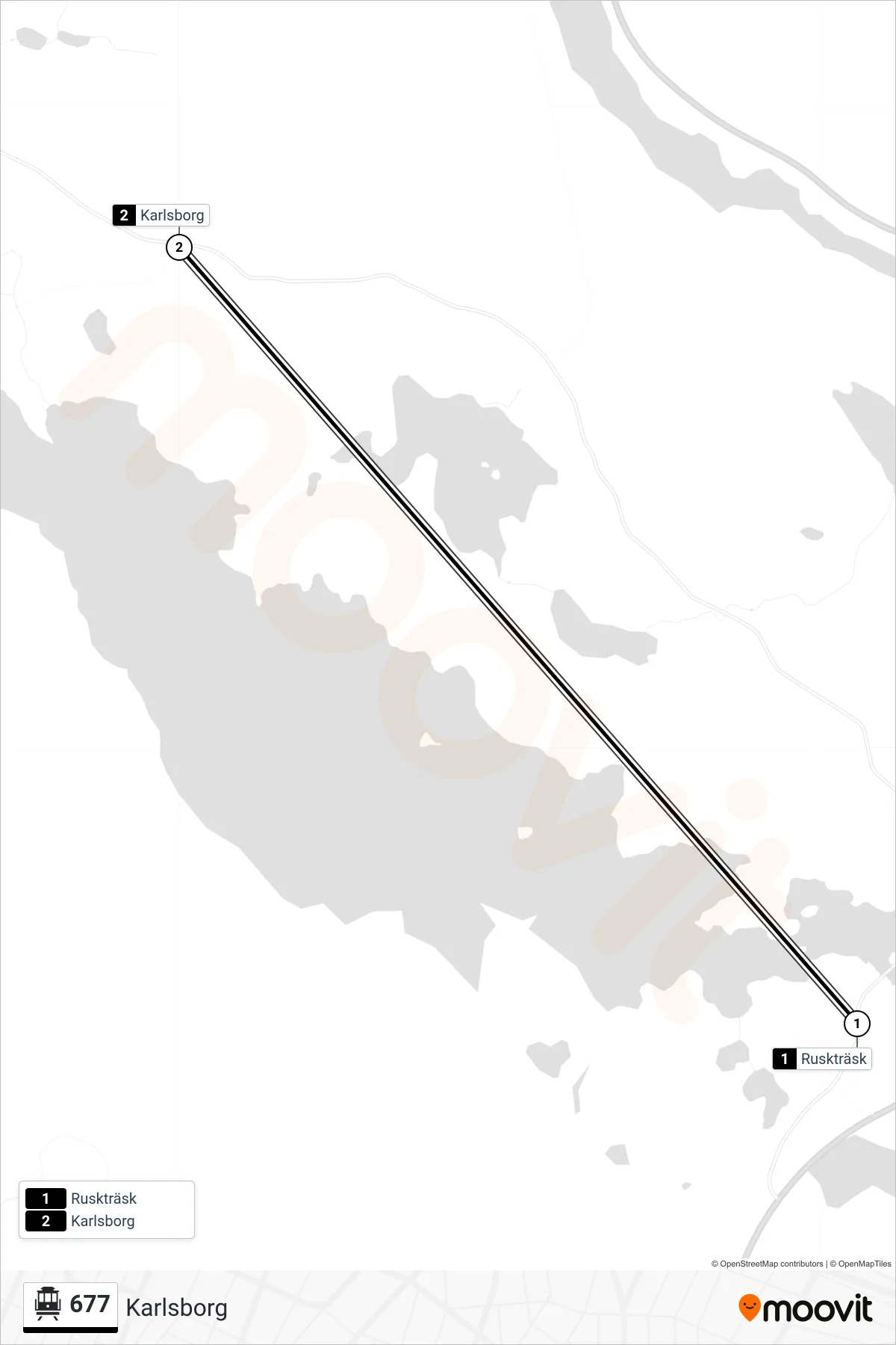 Rutt och hållplatser på karta för linje 677  spårvagn, (Karlsborg)