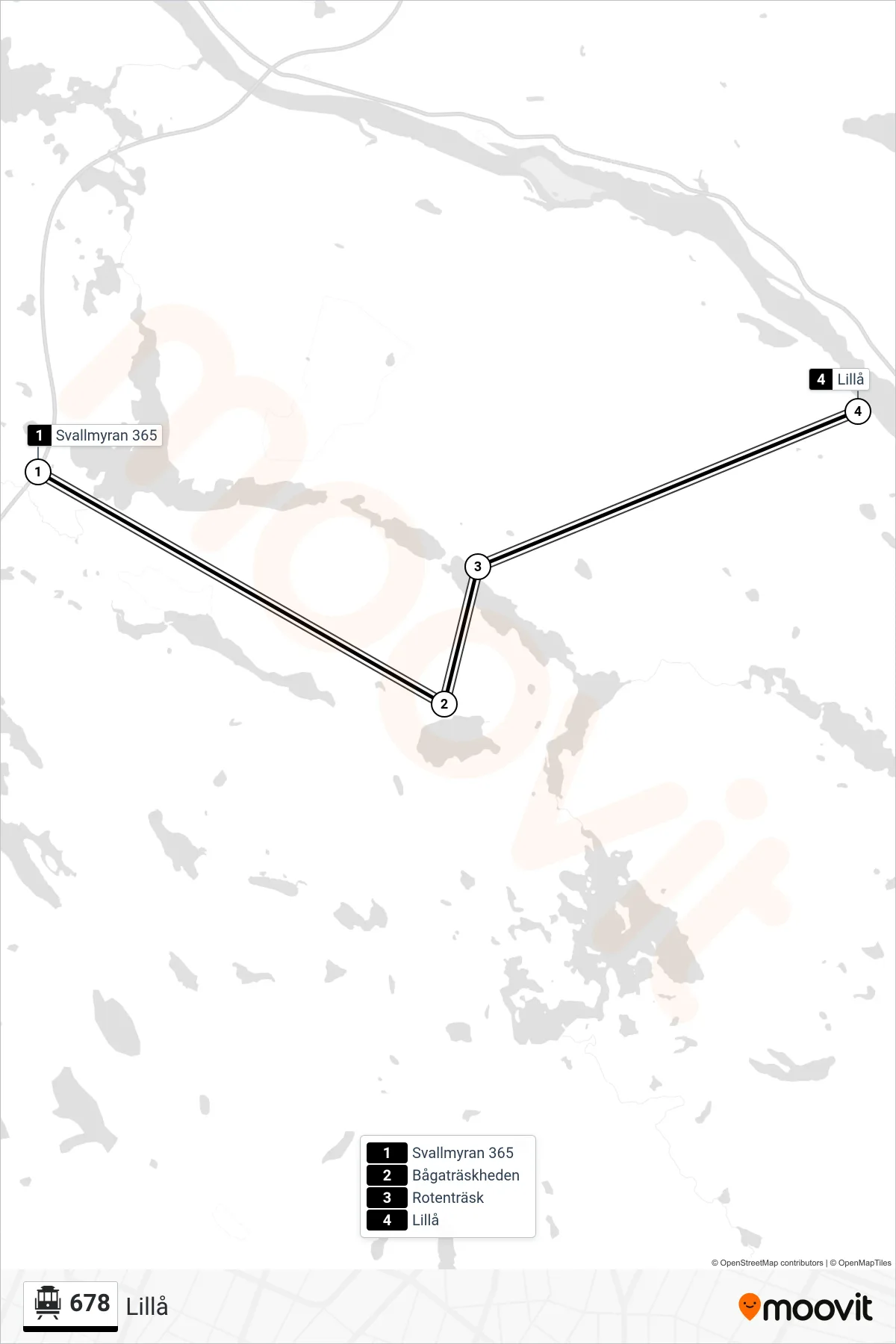 Rutt och hållplatser på karta för linje 678 spårvagn, (Lillå)