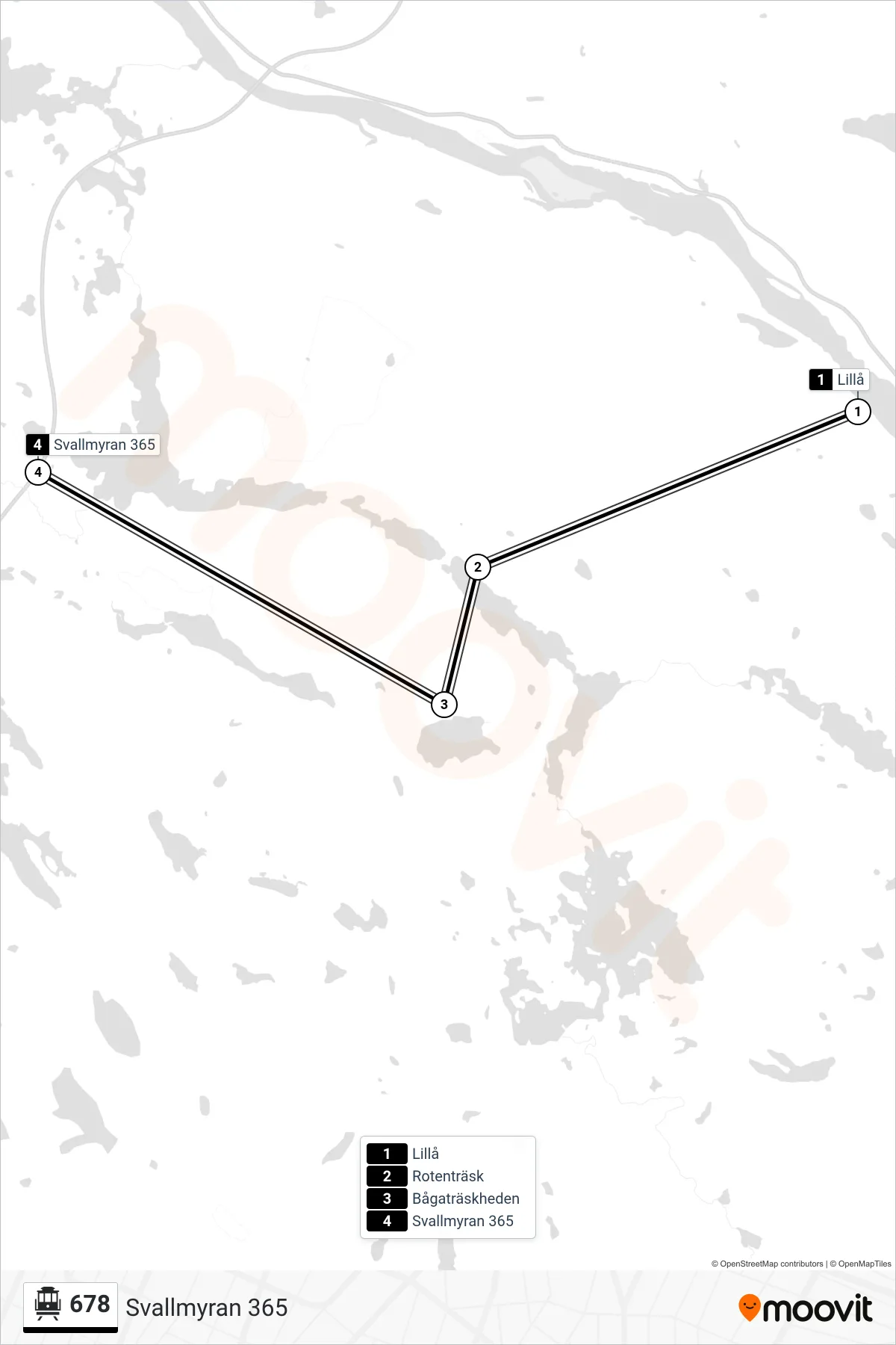 Rutt och hållplatser på karta för linje 678 spårvagn, (Svallmyran 365)