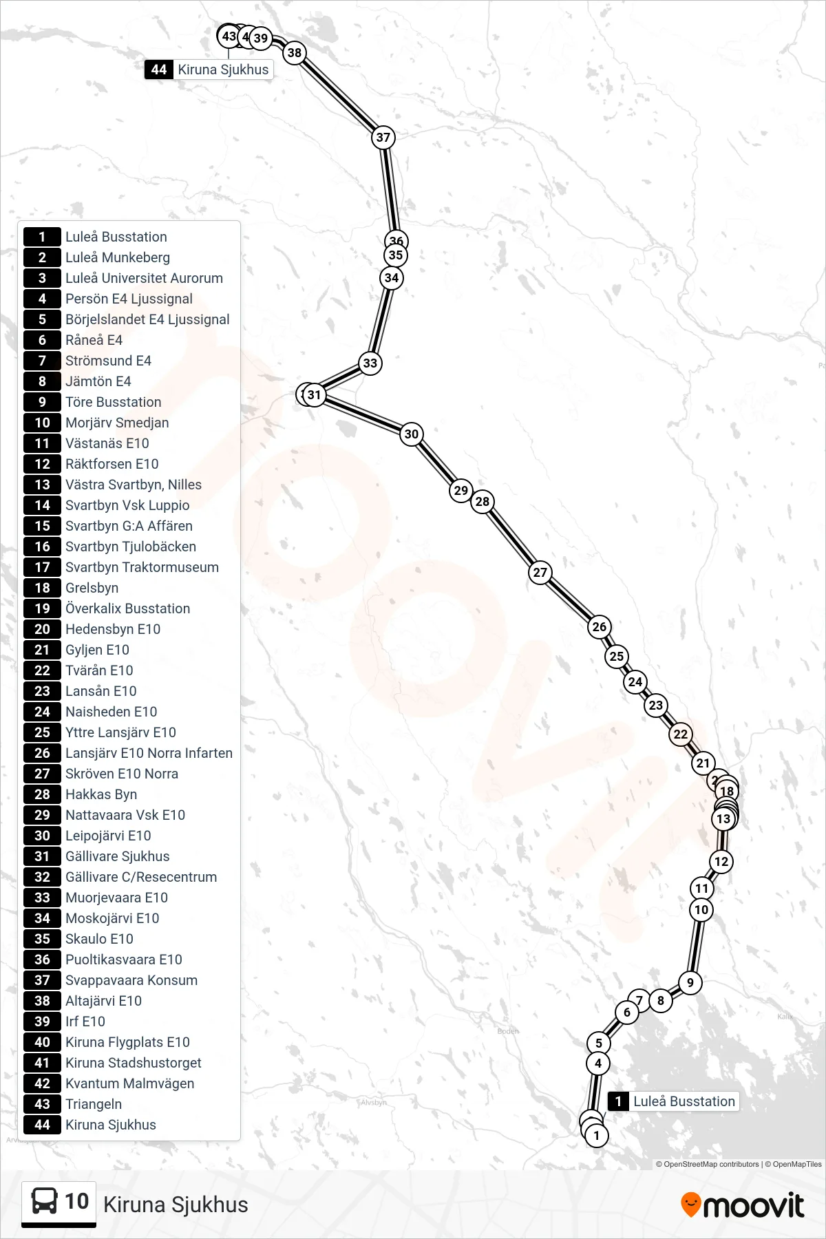 Rutt och hållplatser på karta för linje 10  spårvagn, (Kiruna Sjukhus)