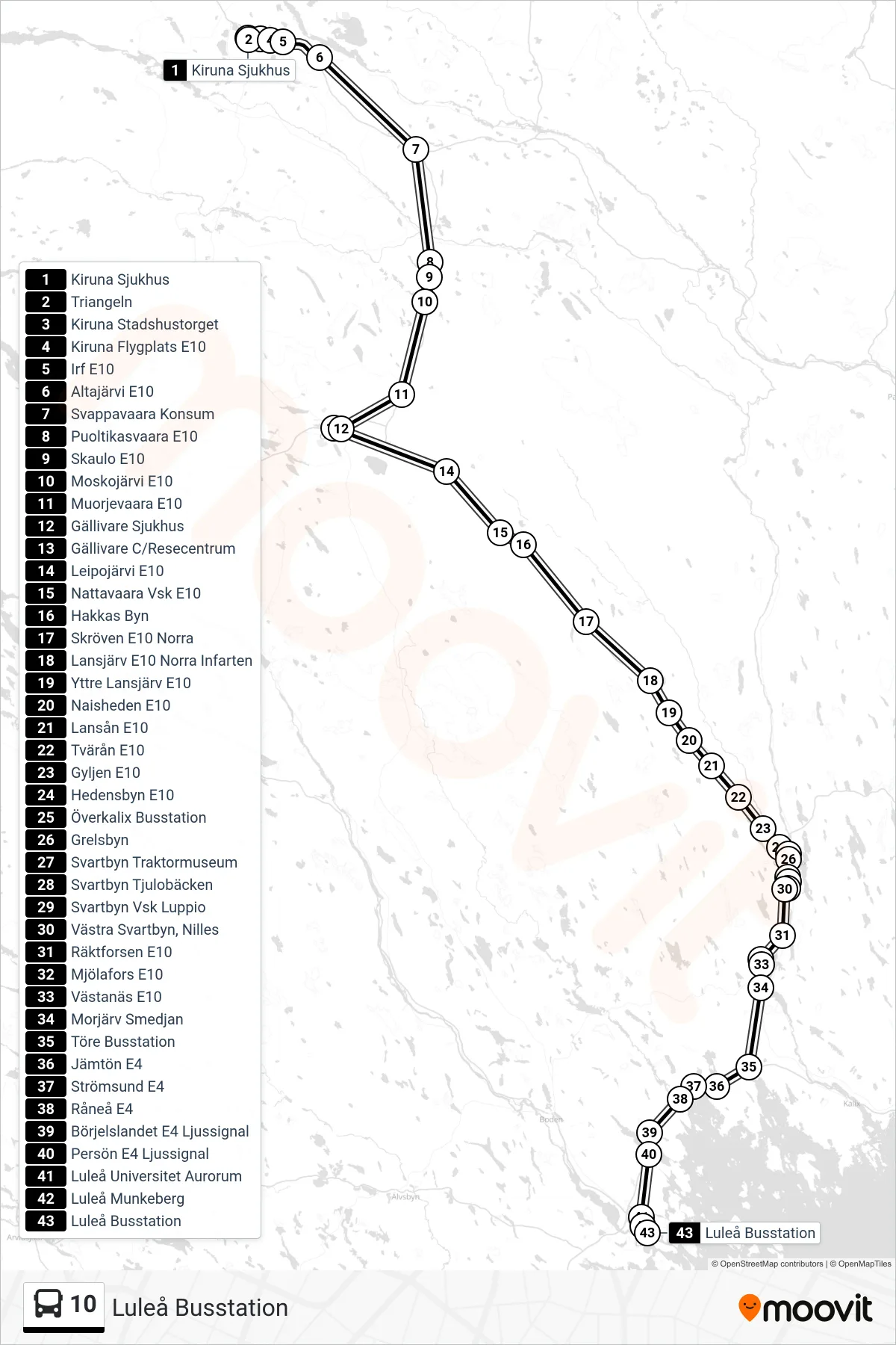 Rutt och hållplatser på karta för linje 10 spårvagn, (Luleå Busstation)