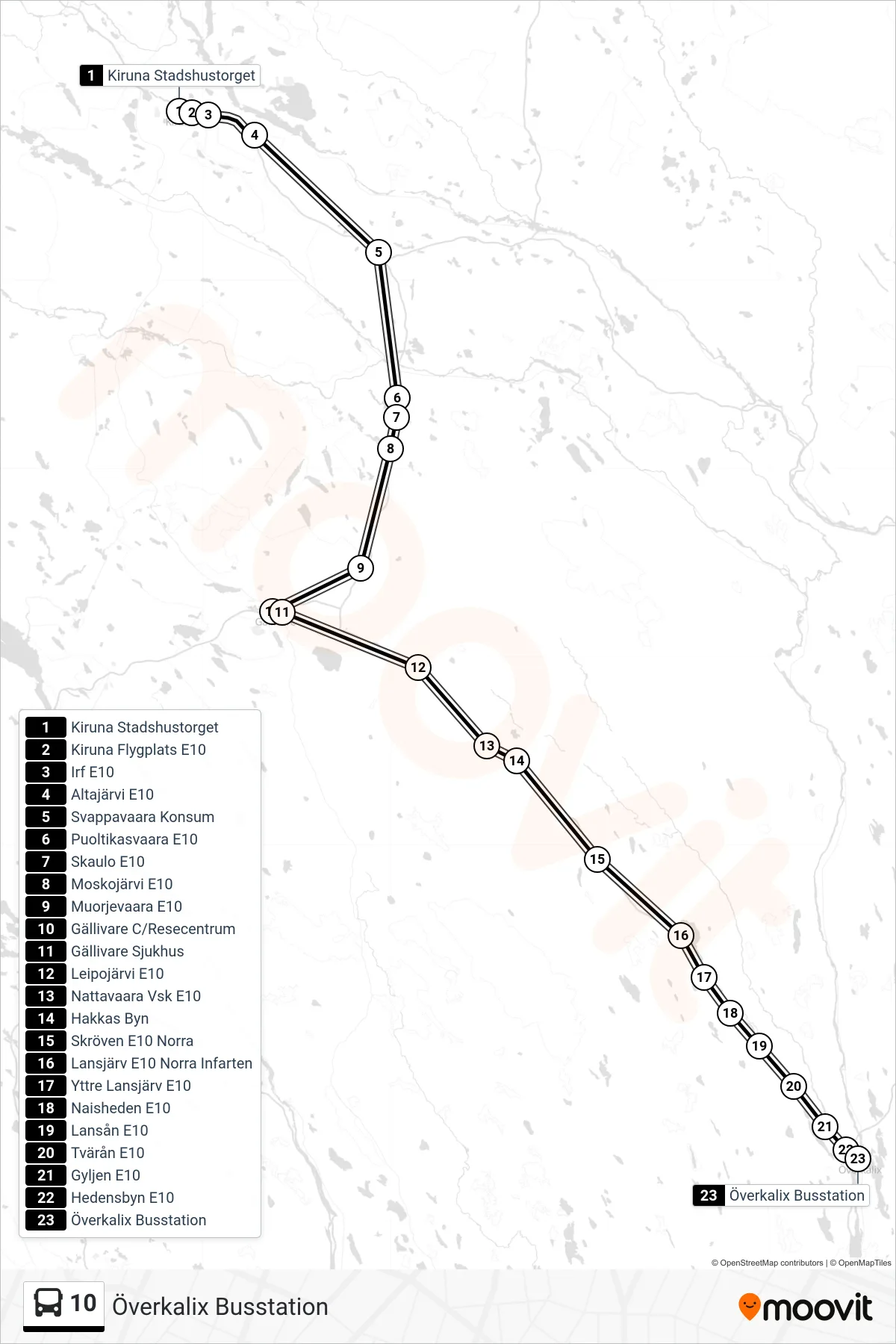 Rutt och hållplatser på karta för linje 10 spårvagn, (Överkalix Busstation)