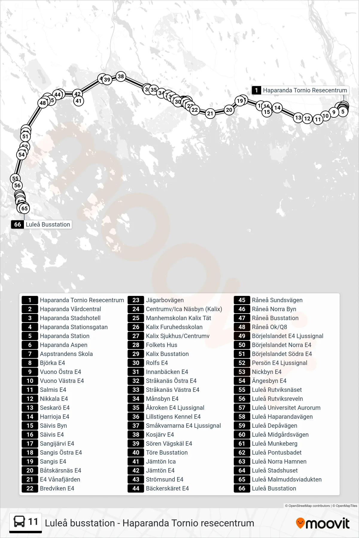 Rutt och hållplatser på karta för linje 11  spårvagn, (Luleå Busstation)