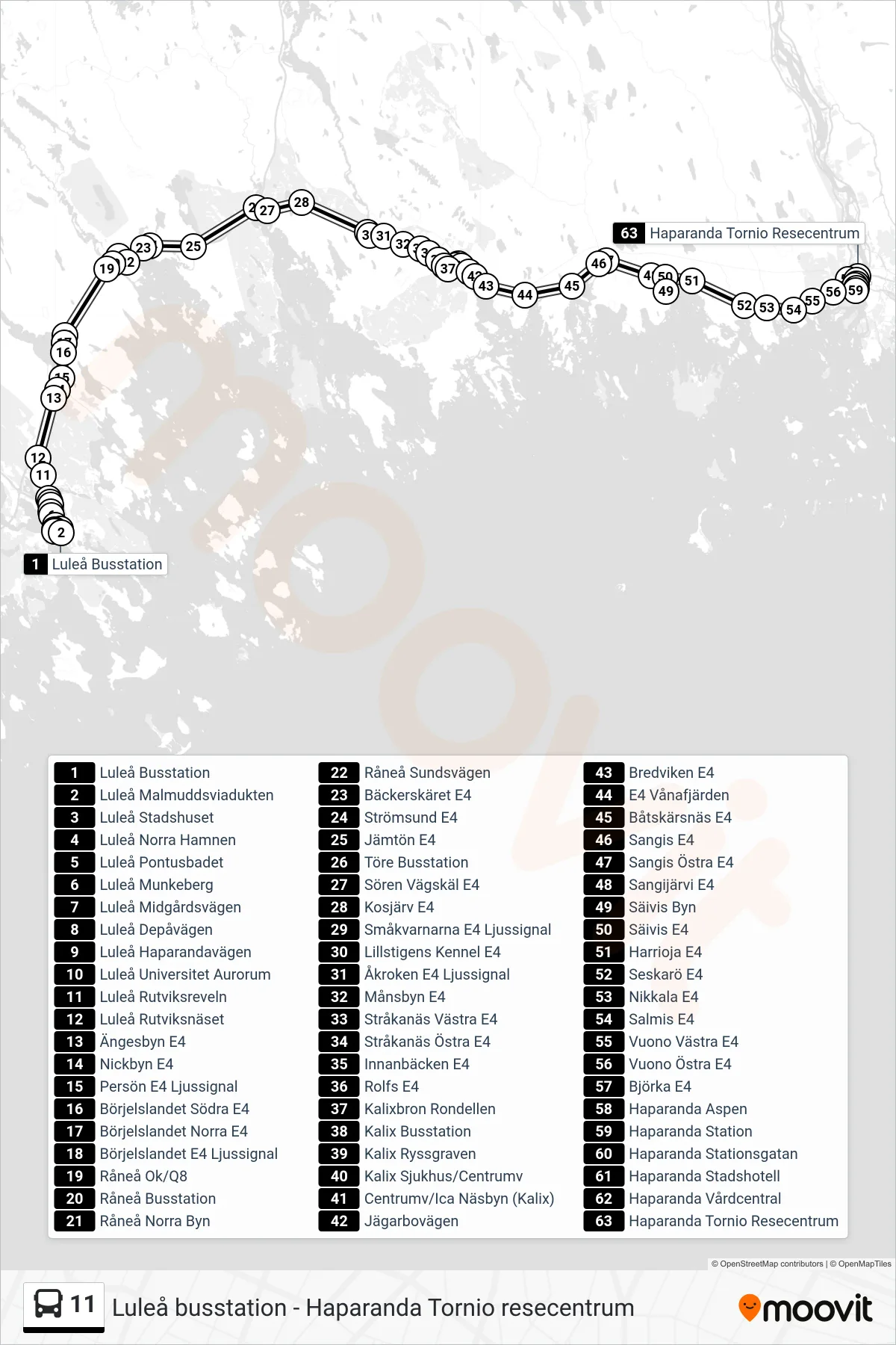 Rutt och hållplatser på karta för linje 11 spårvagn, (Haparanda Tornio Resecentrum)