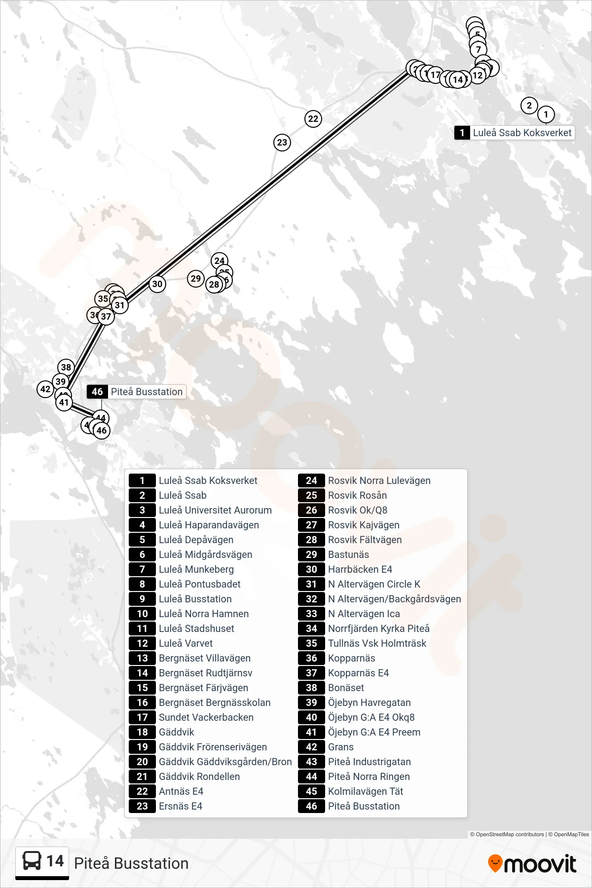 Rutt och hållplatser på karta för linje 14  spårvagn, (Piteå Busstation)