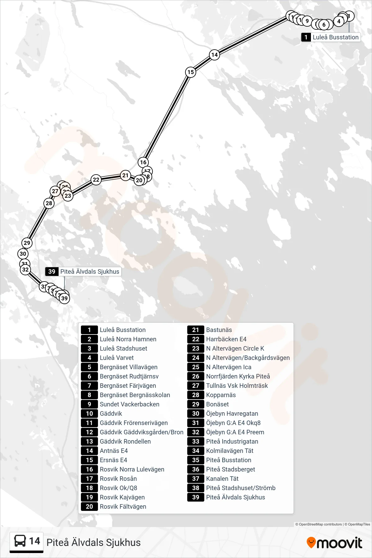Rutt och hållplatser på karta för linje 14 spårvagn, (Piteå Älvdals Sjukhus)