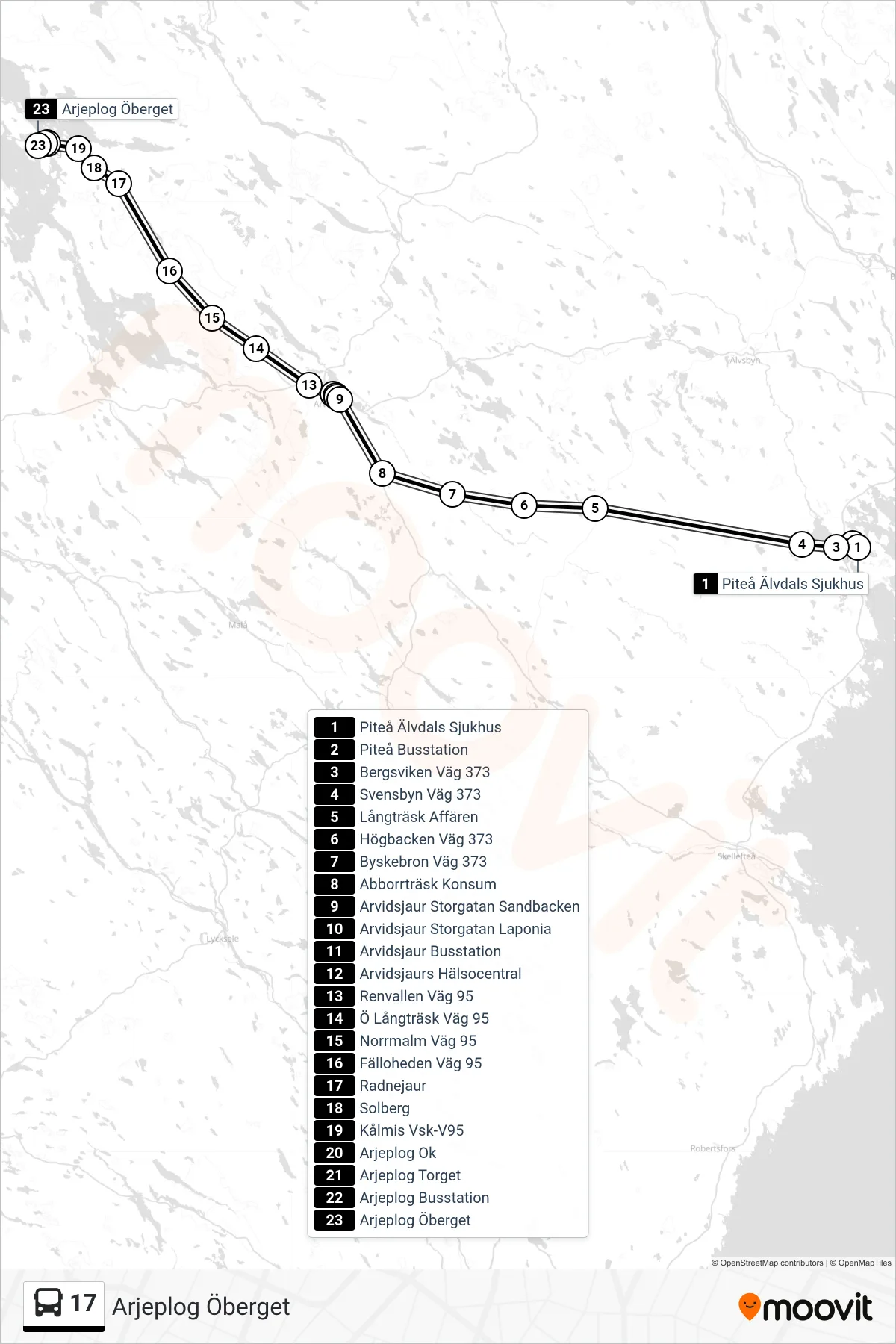 Rutt och hållplatser på karta för linje 17  spårvagn, (Arjeplog Öberget)