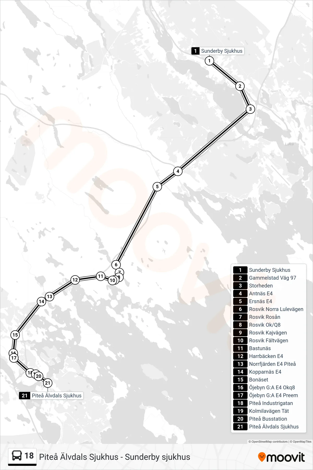 Rutt och hållplatser på karta för linje 18  spårvagn, (Piteå Älvdals Sjukhus)