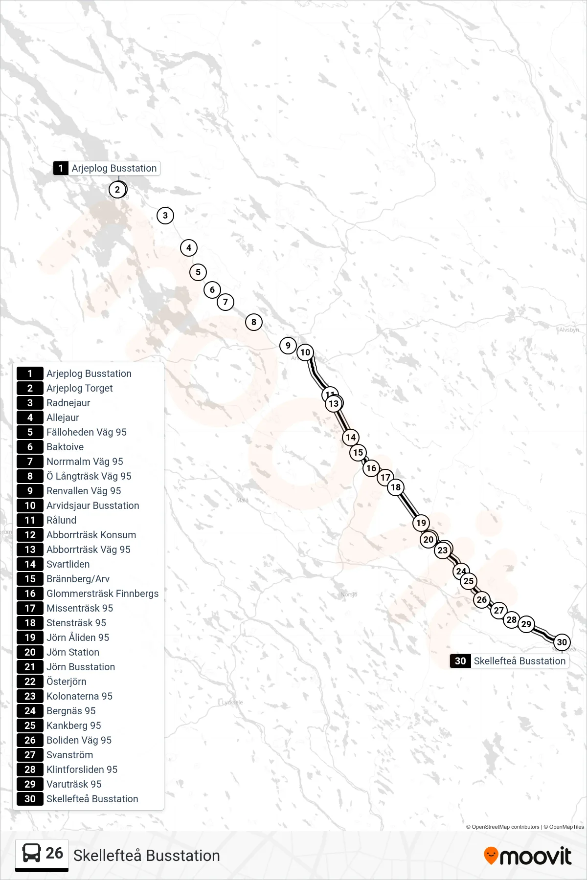 Rutt och hållplatser på karta för linje 26 spårvagn, (Skellefteå Busstation)