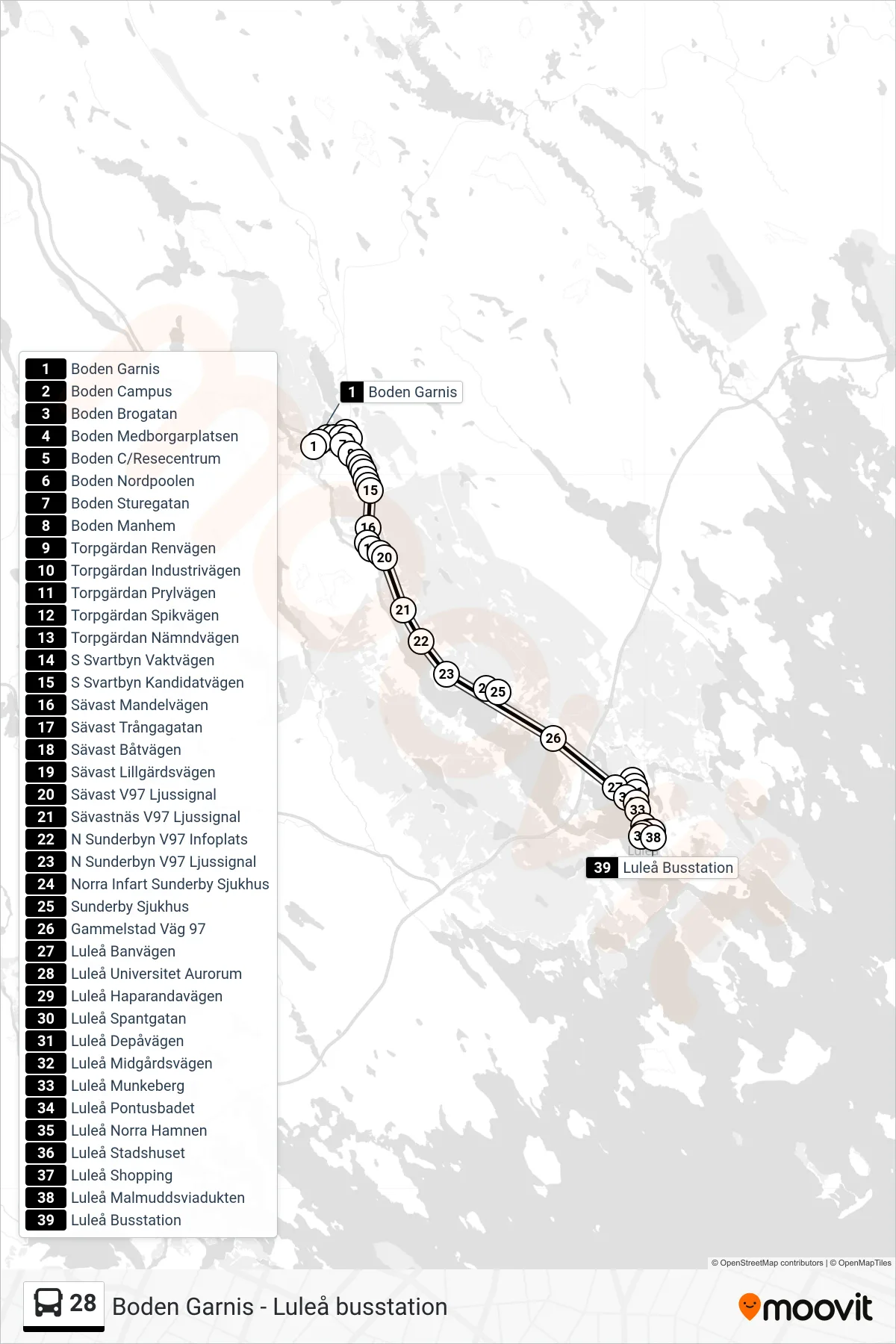 Rutt och hållplatser på karta för linje 28 spårvagn, (Luleå Busstation)
