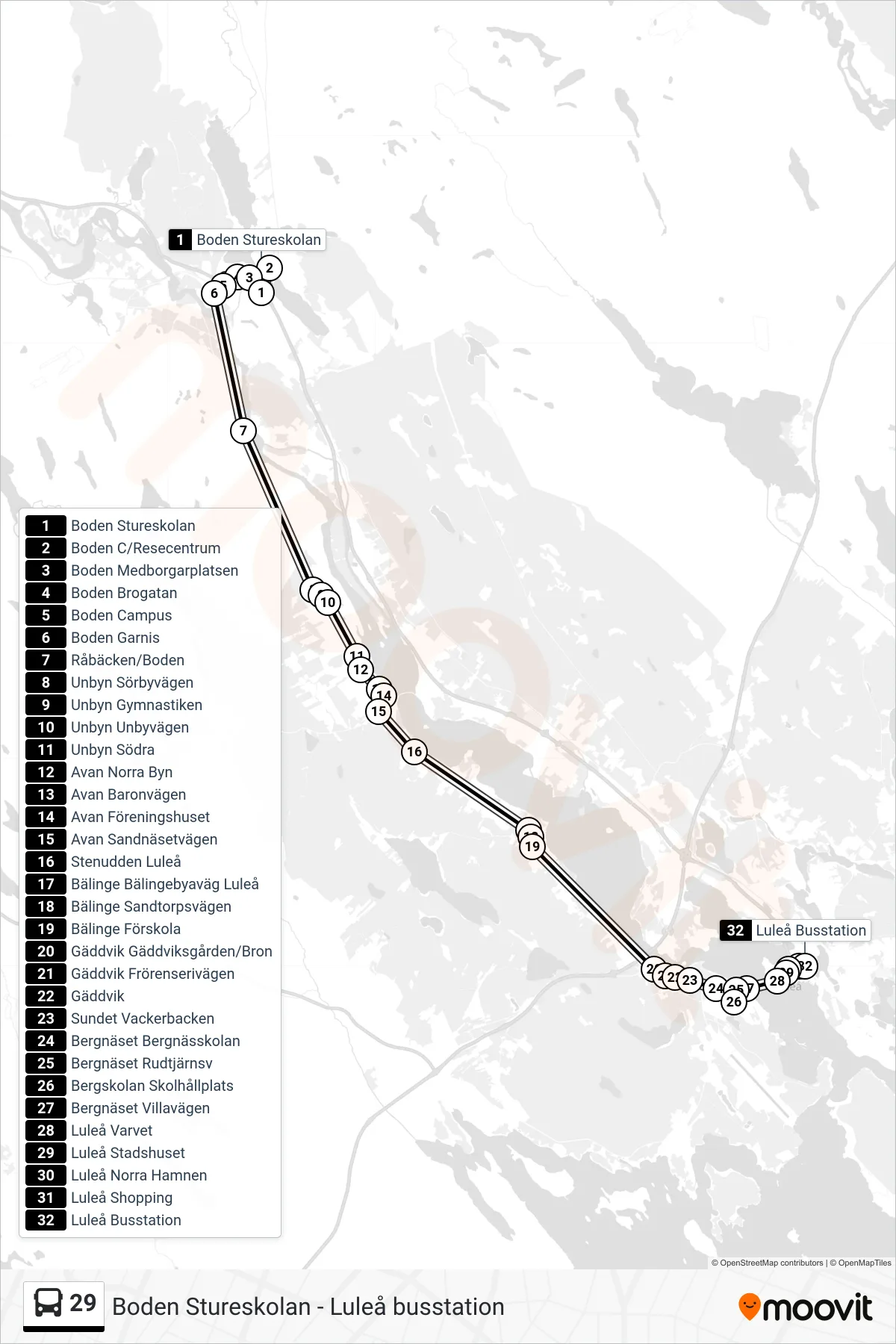 Rutt och hållplatser på karta för linje 29 spårvagn, (Luleå Busstation)