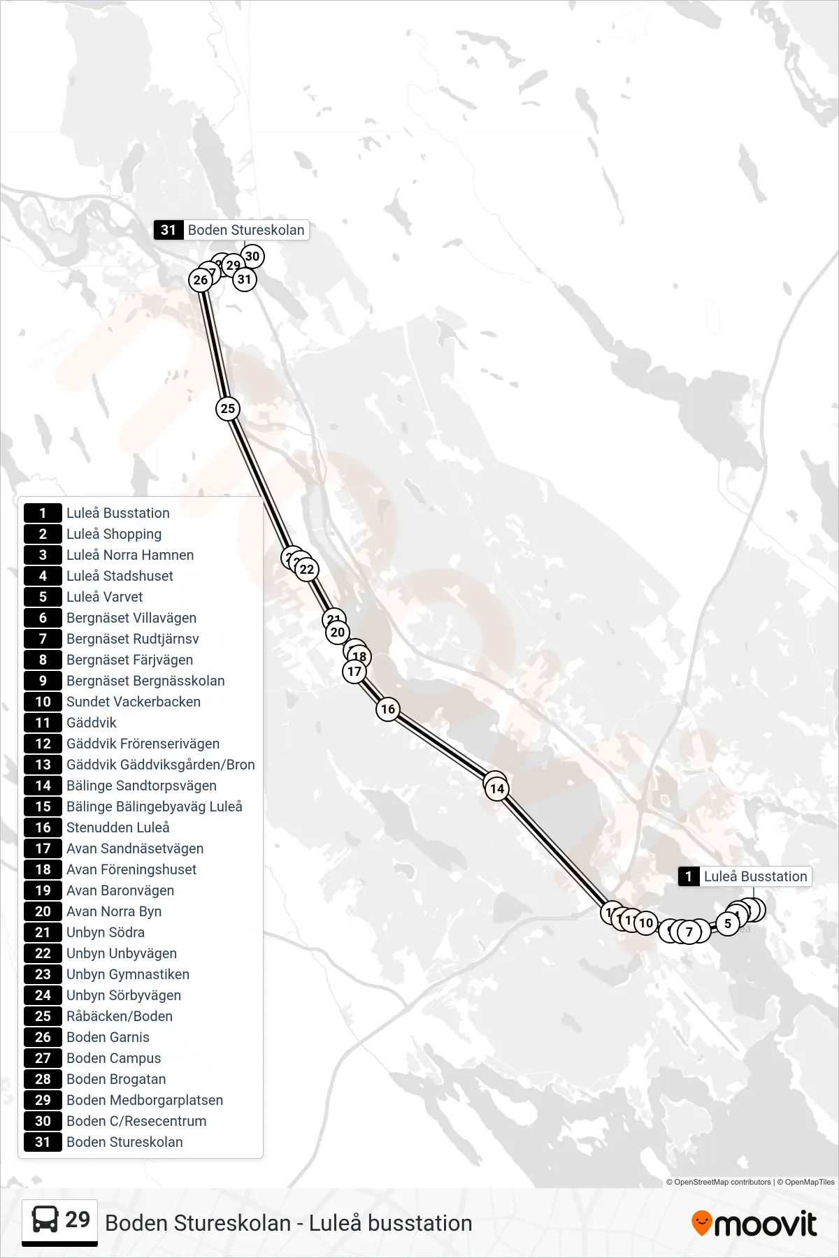 Rutt och hållplatser på karta för linje 29  spårvagn, (Boden Stureskolan)