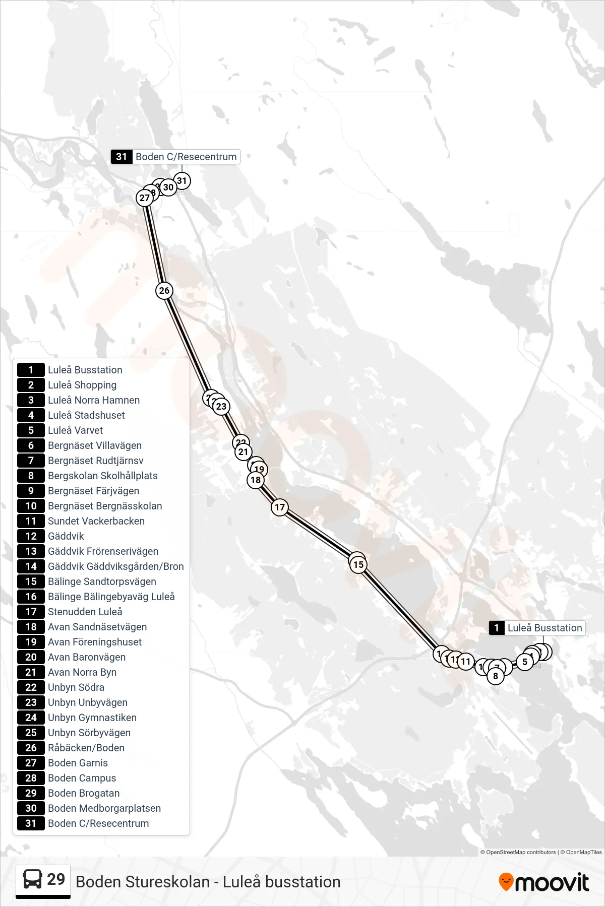 Rutt och hållplatser på karta för linje 29 spårvagn, (Boden C/Resecentrum)