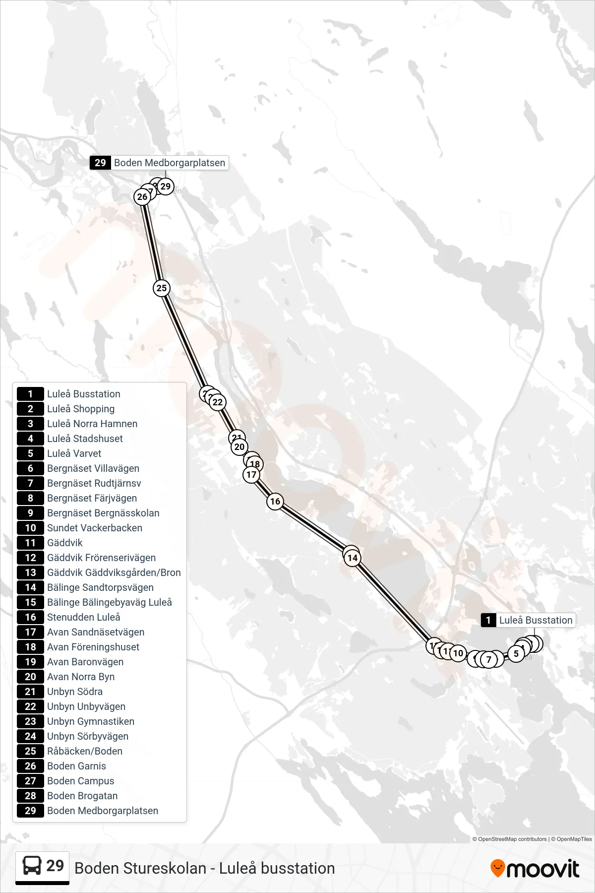 Rutt och hållplatser på karta för linje 29  spårvagn, (Boden Medborgarplatsen)