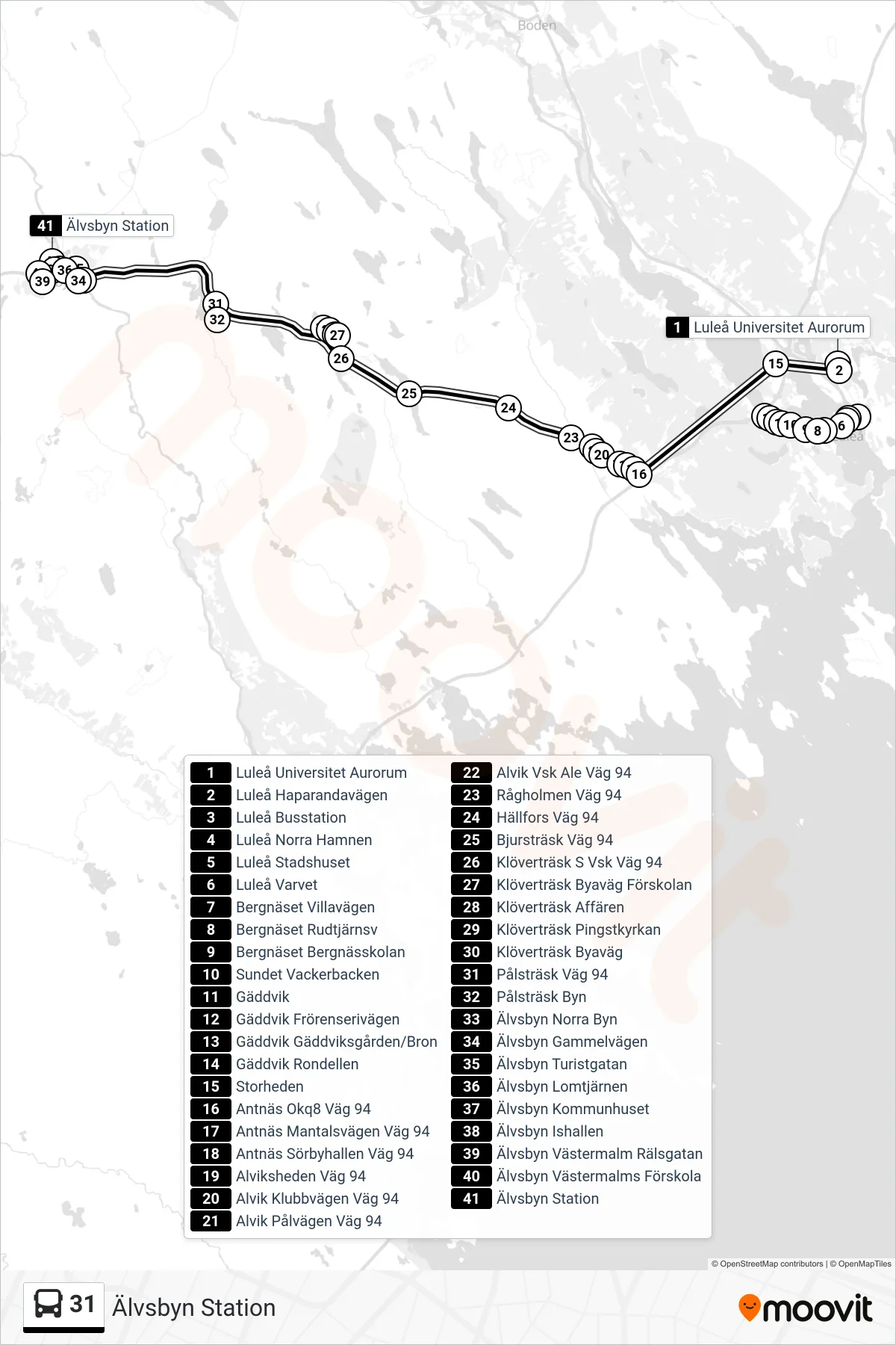 Rutt och hållplatser på karta för linje 31 spårvagn, (Älvsbyn Station)