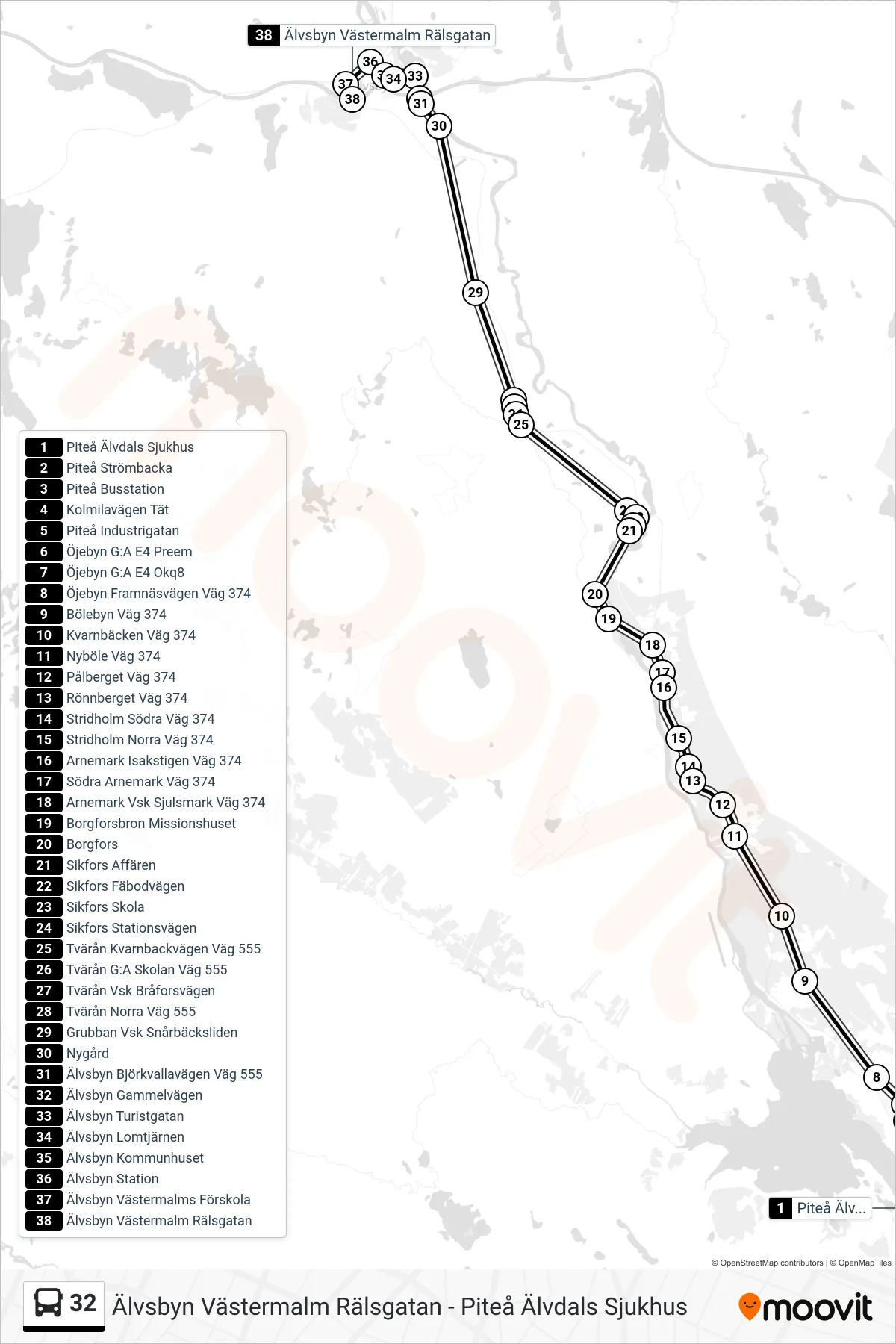Rutt och hållplatser på karta för linje 32 spårvagn, (Älvsbyn Västermalm Rälsgatan)