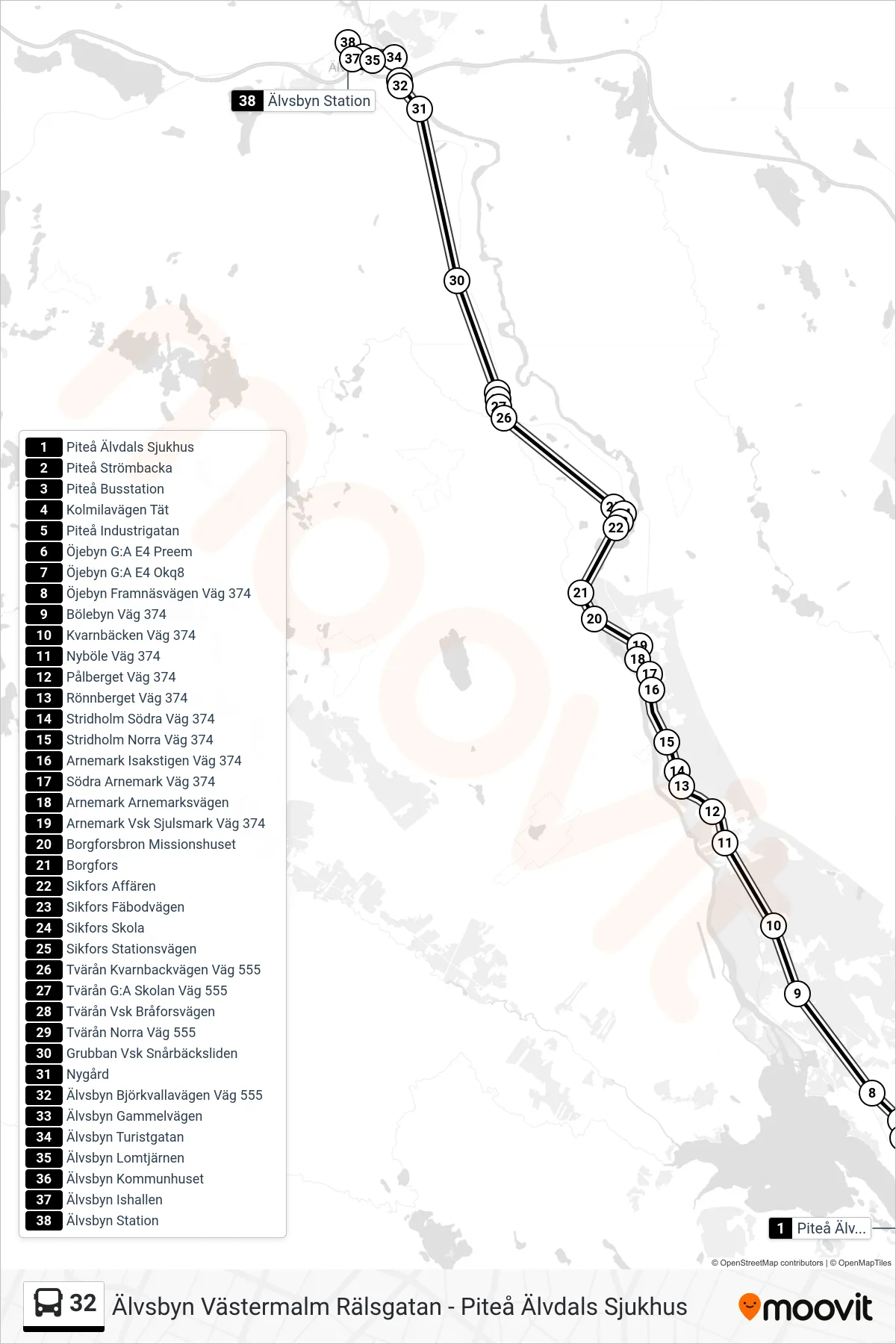 Rutt och hållplatser på karta för linje 32 spårvagn, (Älvsbyn Station)