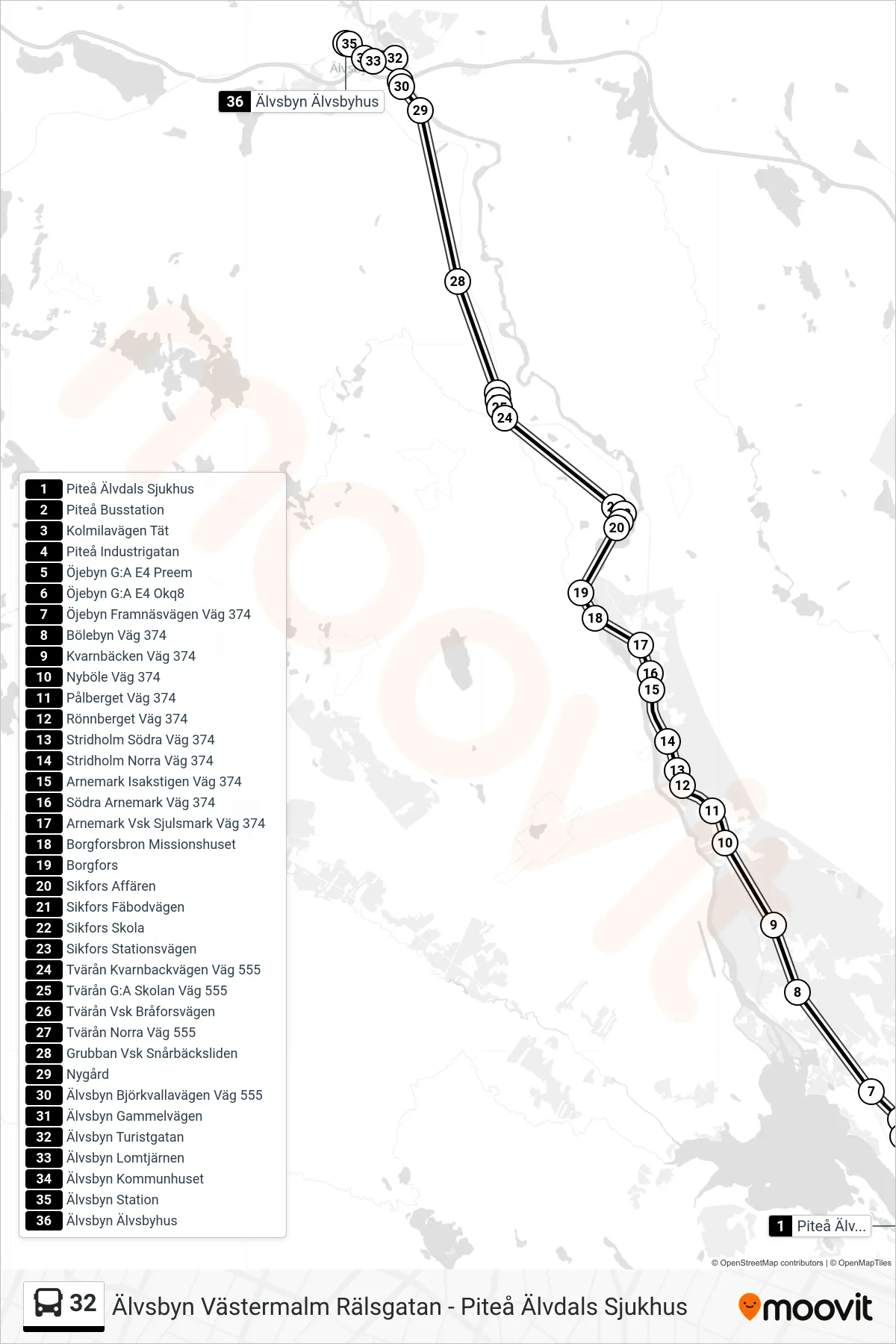 Rutt och hållplatser på karta för linje 32 spårvagn, (Älvsbyn Älvsbyhus)
