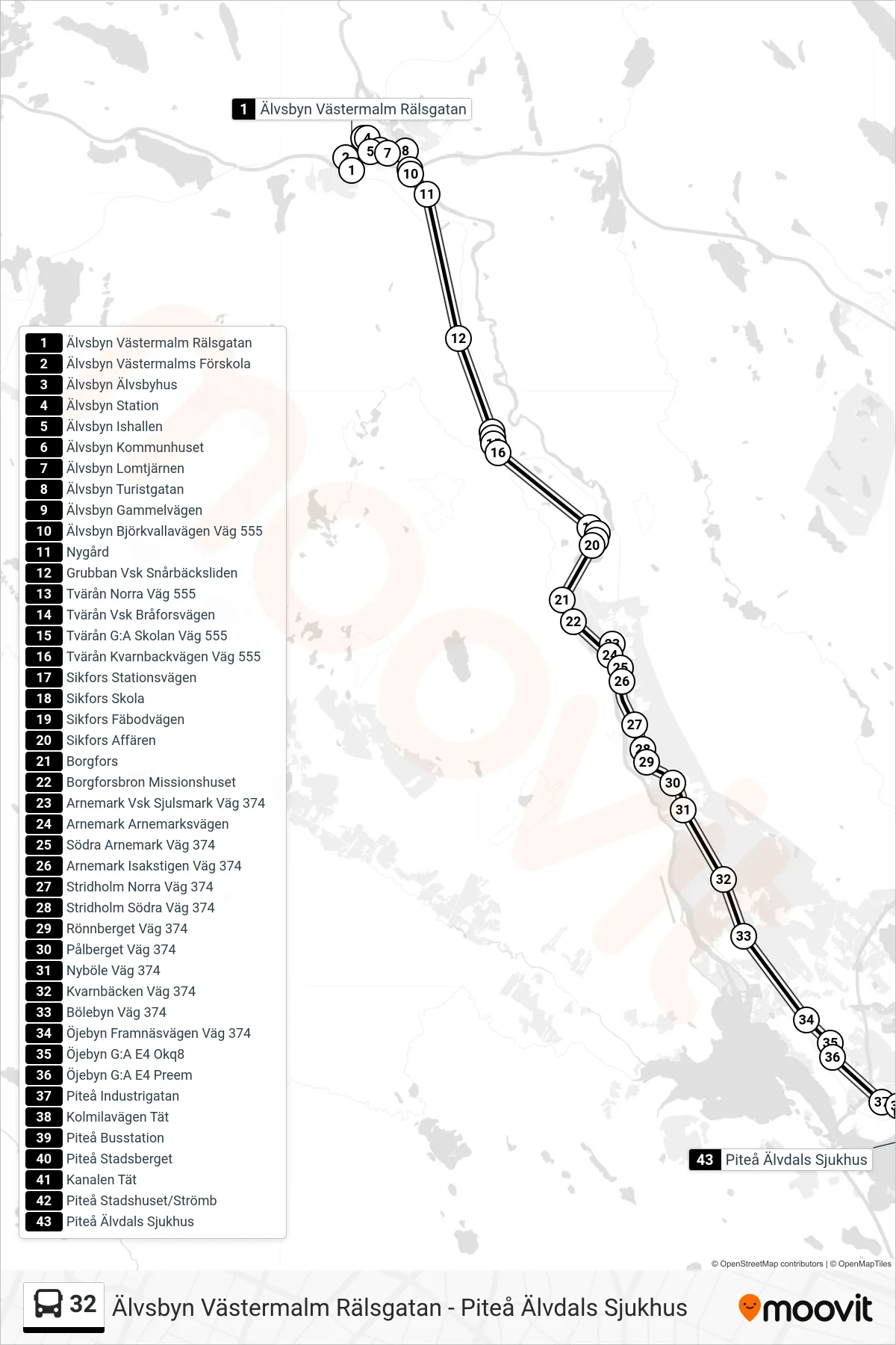 Rutt och hållplatser på karta för linje 32 spårvagn, (Piteå Älvdals Sjukhus)