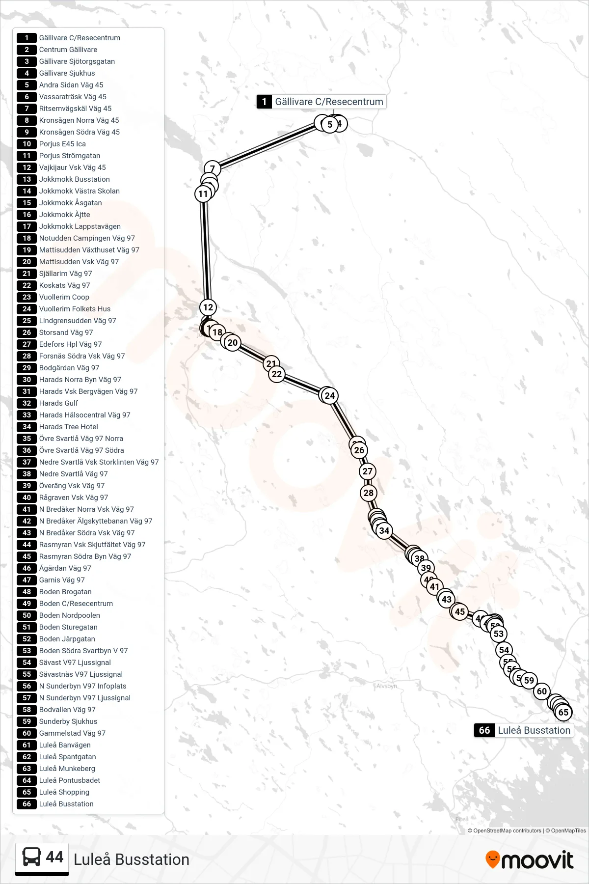 Rutt och hållplatser på karta för linje 44 spårvagn, (Luleå Busstation)
