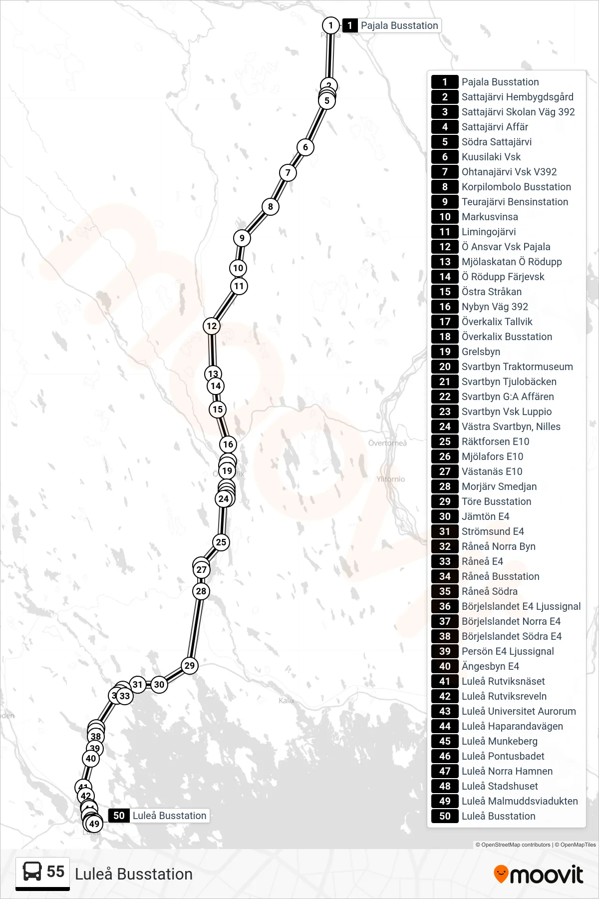Rutt och hållplatser på karta för linje 55  spårvagn, (Luleå Busstation)
