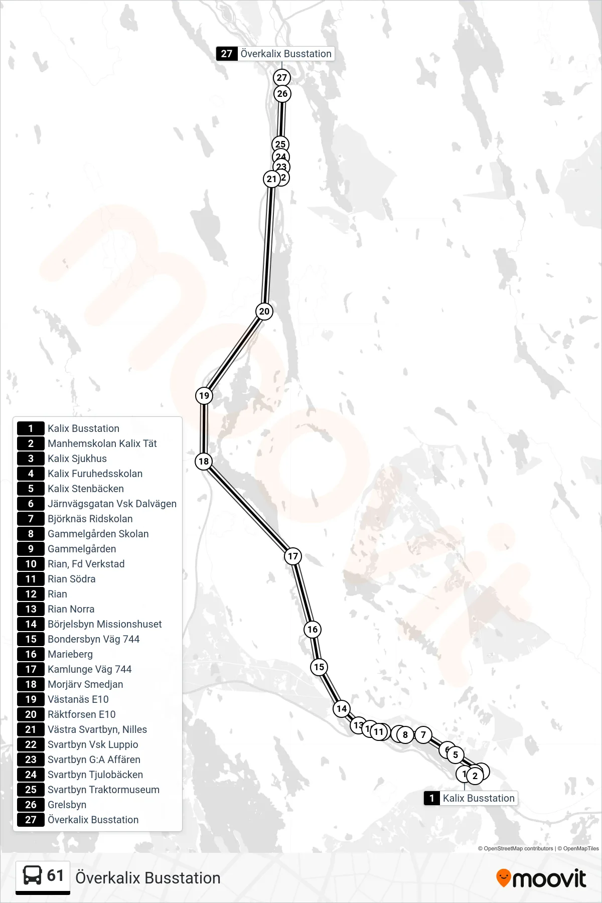 Rutt och hållplatser på karta för linje 61 spårvagn, (Överkalix Busstation)