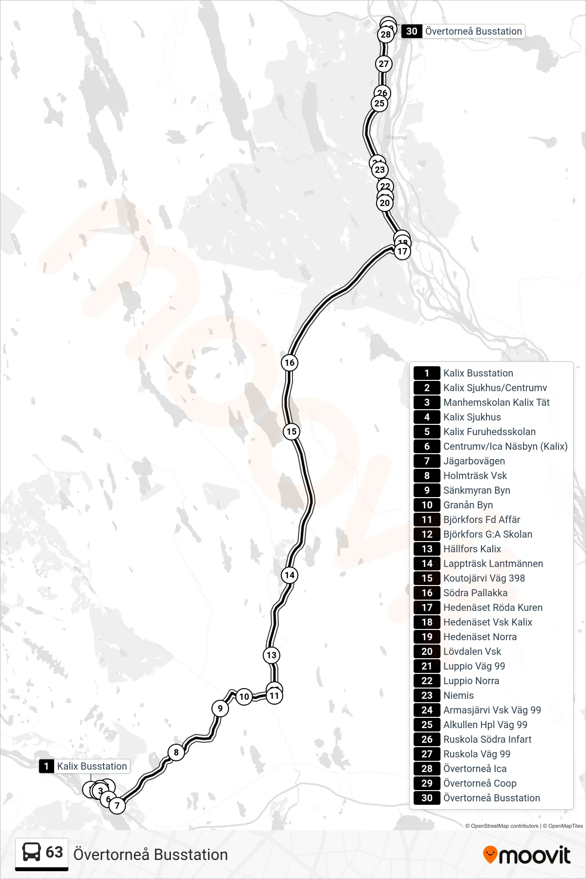 Rutt och hållplatser på karta för linje 63 spårvagn, (Övertorneå Busstation)